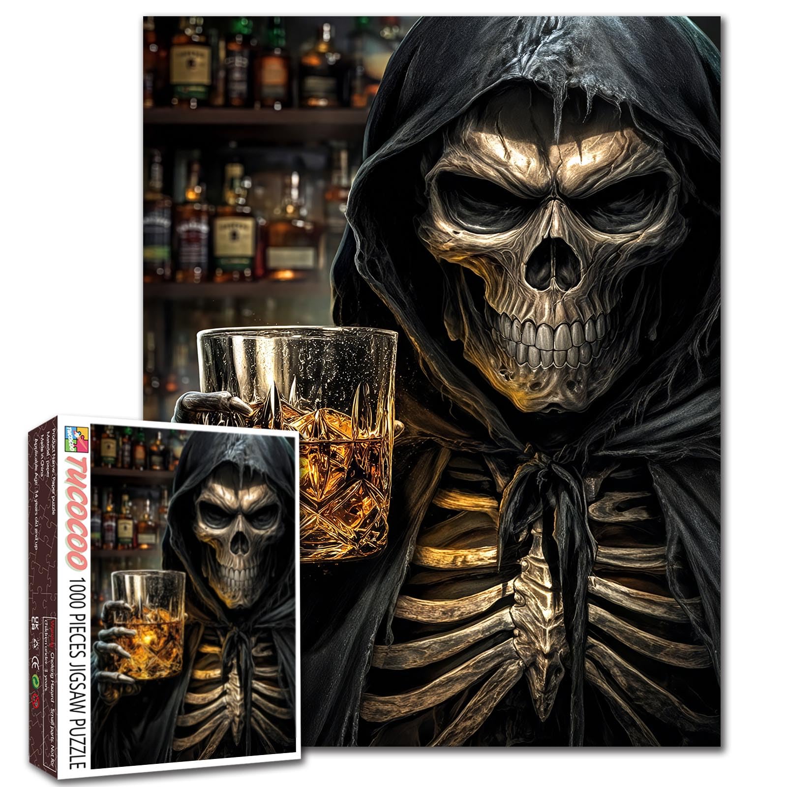 Gothic Sensenmann Puzzle 1000 Teile für Erwachsene und Familien Whisky Totenkopf Skelett Día de los Muertos Motiv Passgenaue Teile Rahmenbare Wandkunst 50 x 70 cm