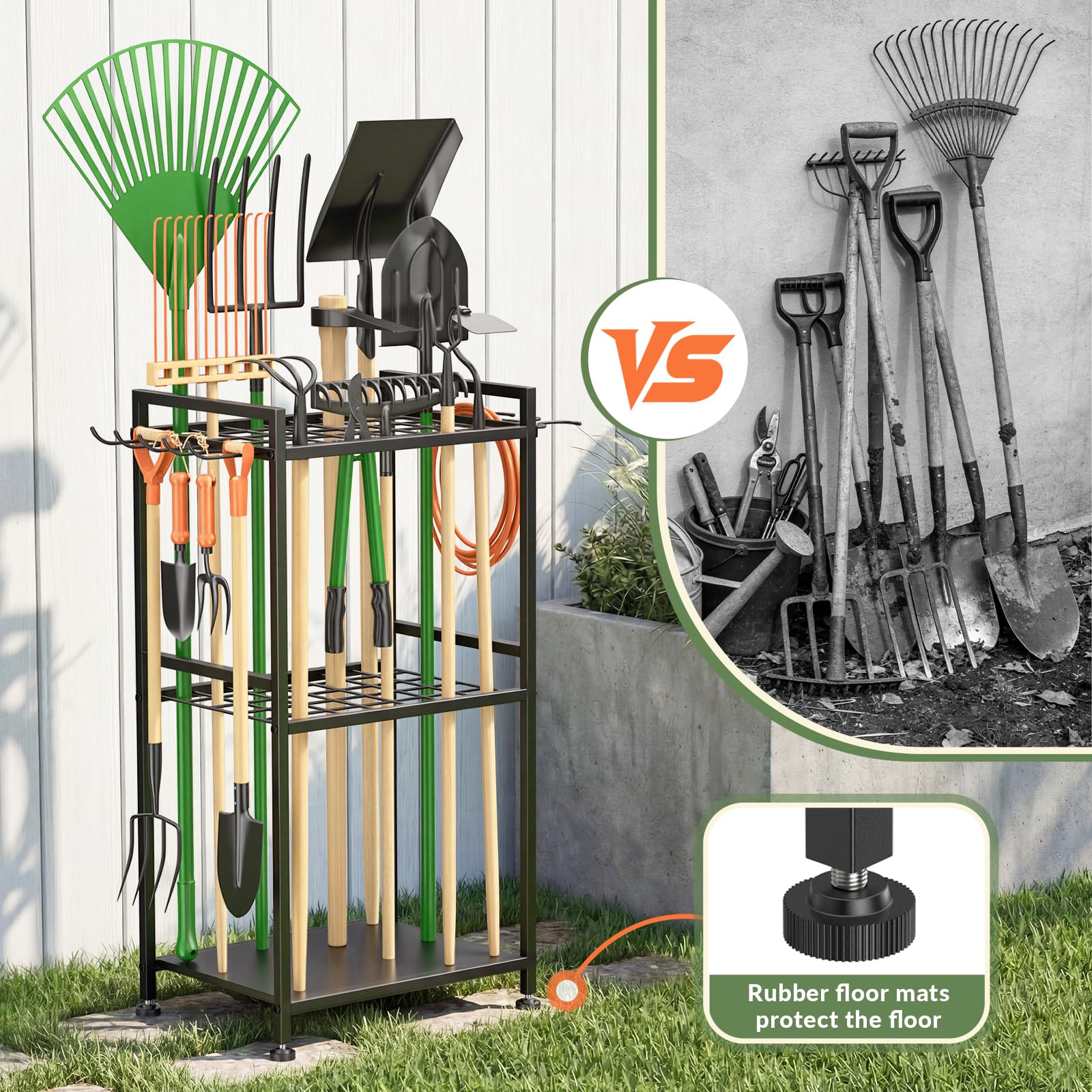 WELDUN Organizer da giardino per garage, supporto per 40 attrezzi a manico lungo, gestione del garage con ganci per capannone, scopa, rastrello, pala, tubo da giardino