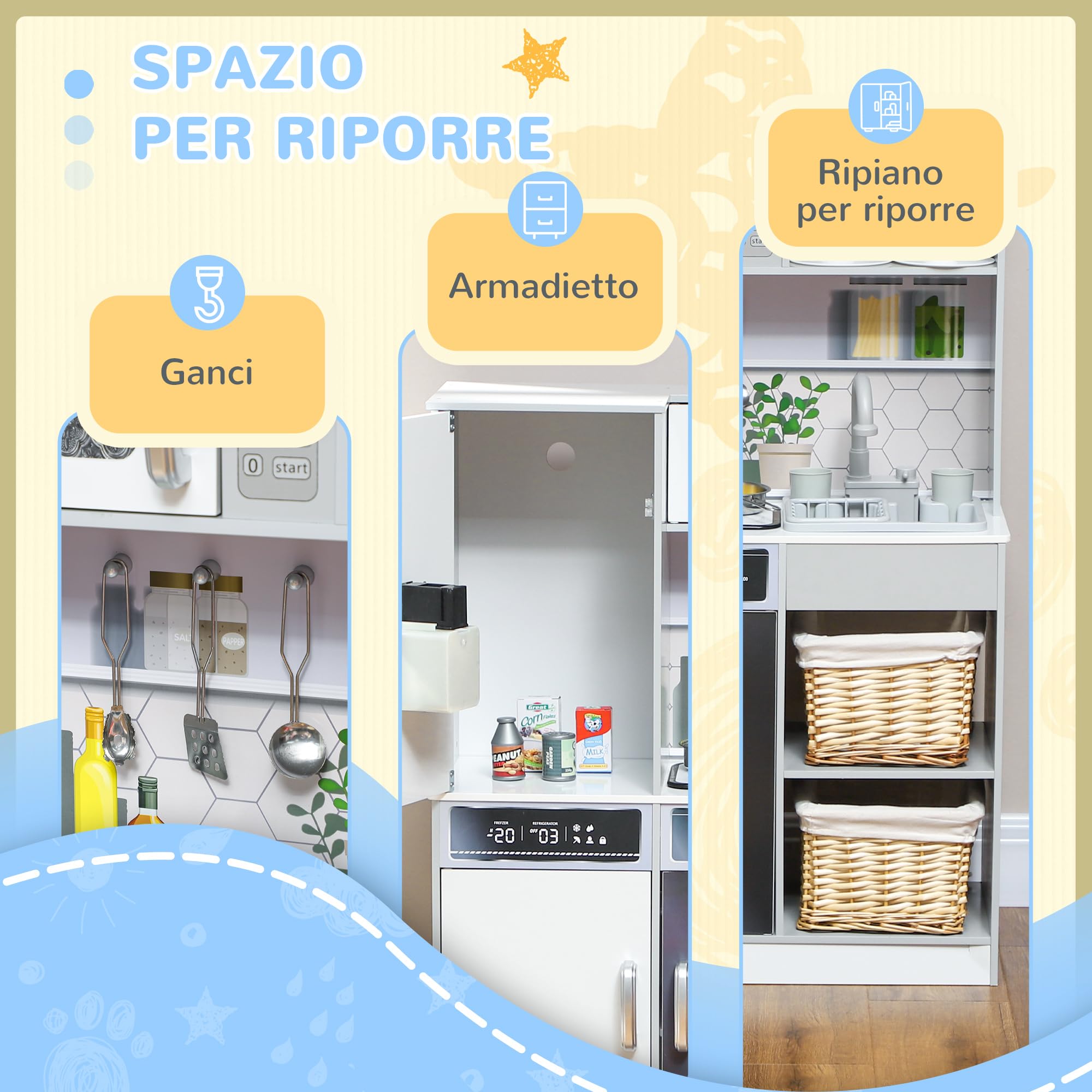 AIYAPLAY Cucina Giocattolo per Bambini in Legno con Fornello, Luci e Suoni, Forno, Microonde, Frigo, Macchina del Ghiaccio, Caffettiera, Lavello con Ricircolo d'Acqua e Accessori, per 3-8 Anni