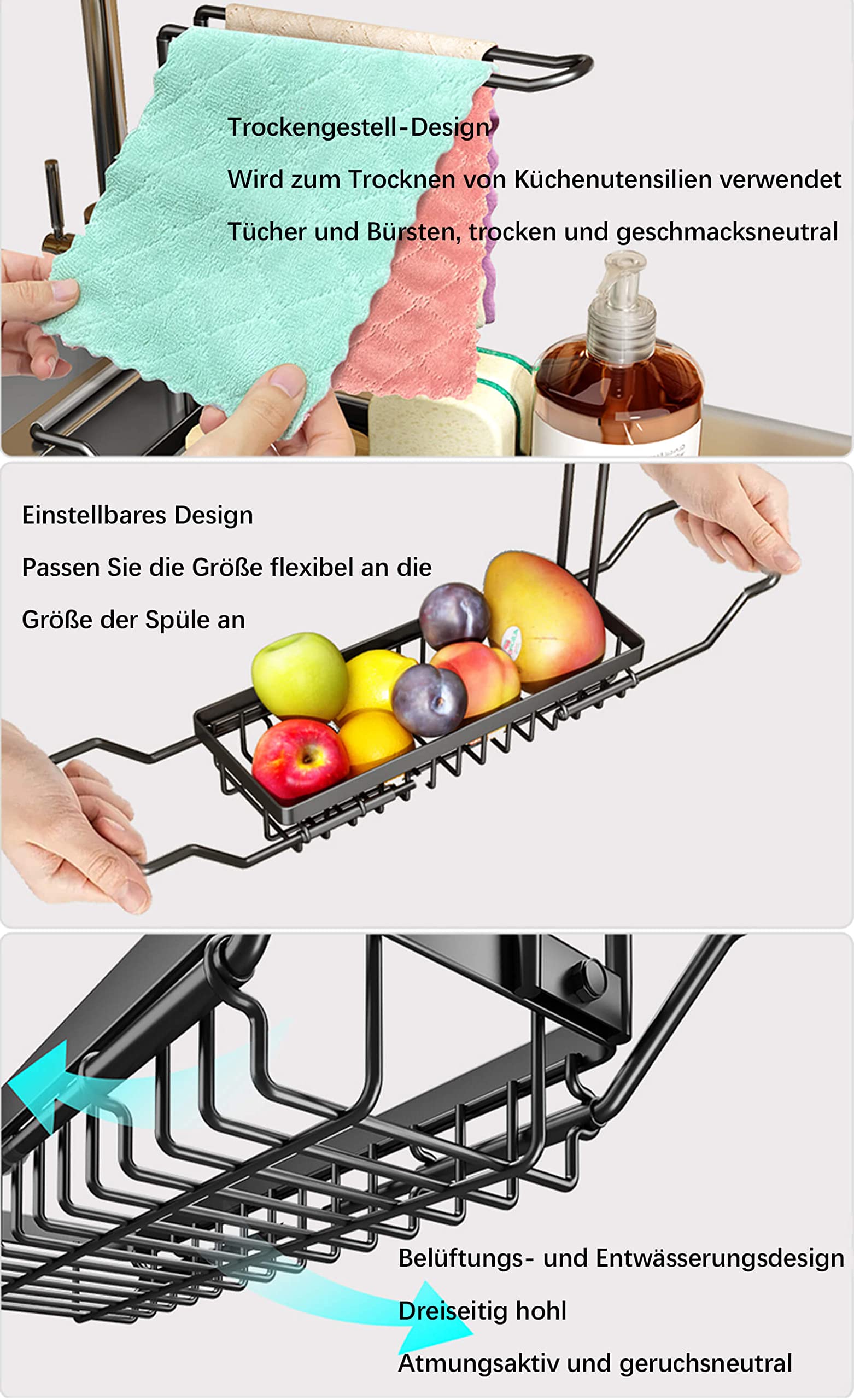 TZAMLI Spülbecken Organizer Edelstahl - Teleskop-Schwammhalter Mit Lappenhalter