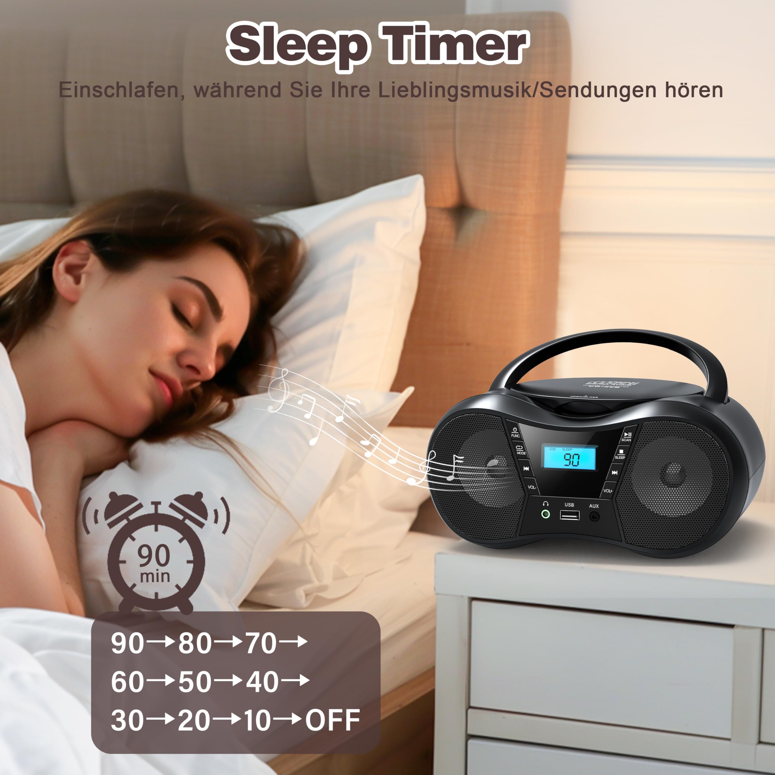 Greadio Tragbarer CD Player Bluetooth 5.1, Boombox Radio mit CD-Player, USB, AUX-In, Netz- und Batteriebetrieb, LCD Display, Kompatibel mit CD/CD-R/CD-RW, CD Spieler für zu Hause oder draußen