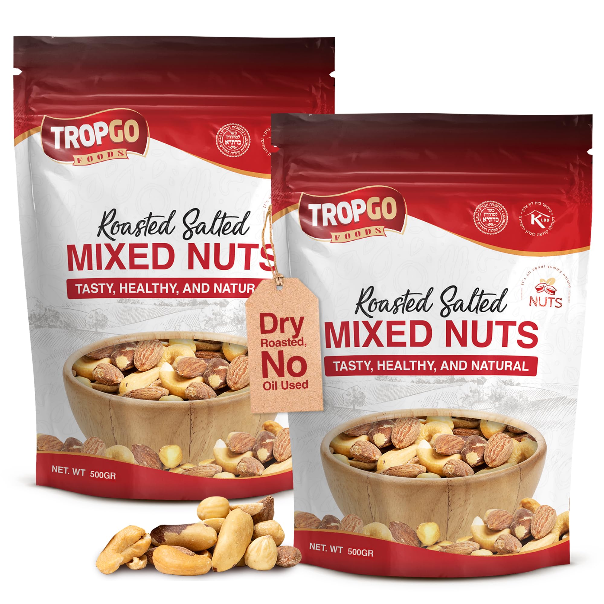 Tropgo Roasted Salted Mixed Nuts 2 × 500g (1KG) - Dry Roasted, No Oil Used, Healthy Jumbo Nuts with Fibre, Protein, Minerals - Includes Almonds, Brazil, Cashews, Peanuts, Hazelnuts
