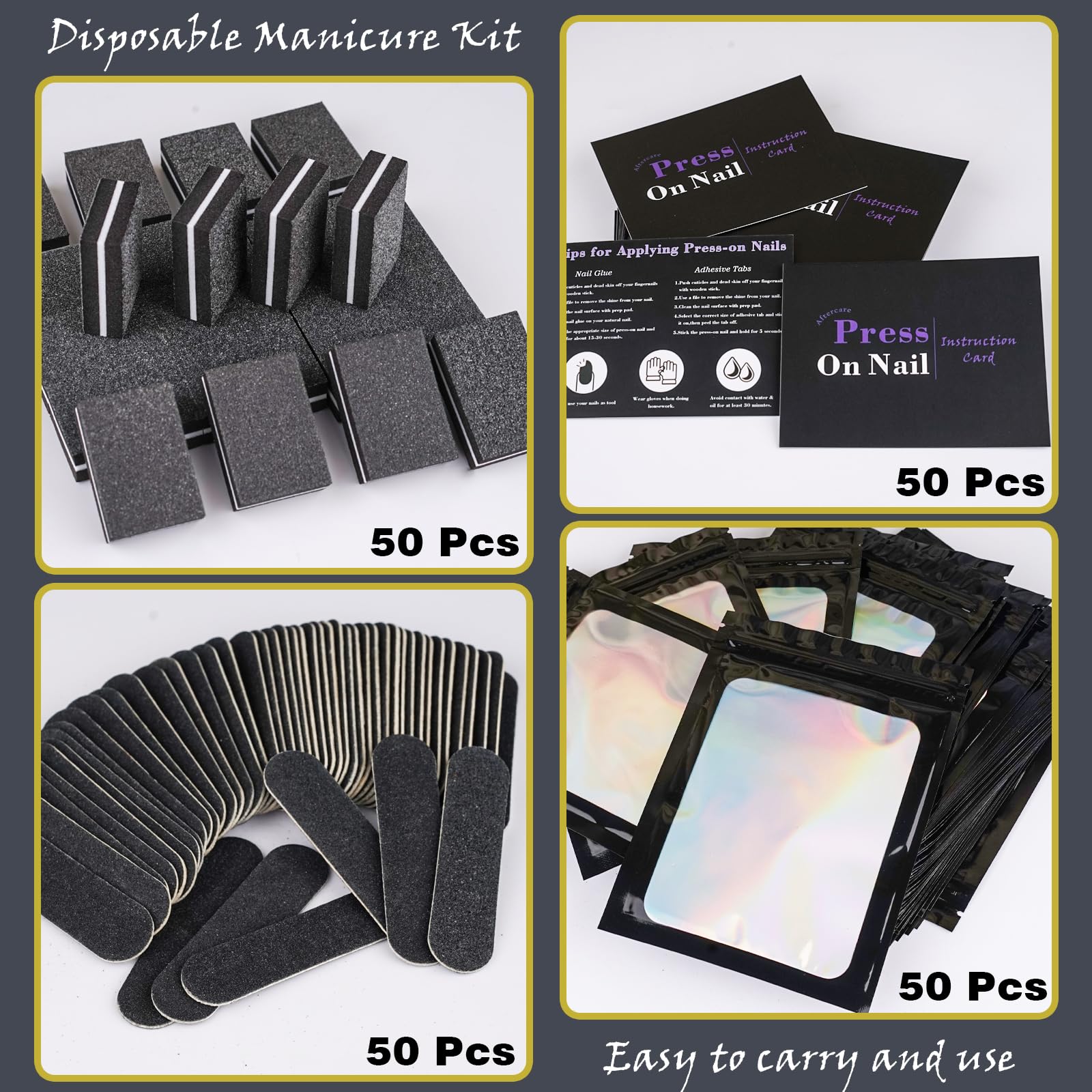 Juego de 50 kits de suministros de uñas desechables, kit de herramientas profesionales de manicura a presión con lima de uñas, pulidor de uñas, pestañas adhesivas, pegamento de uñas, palos,