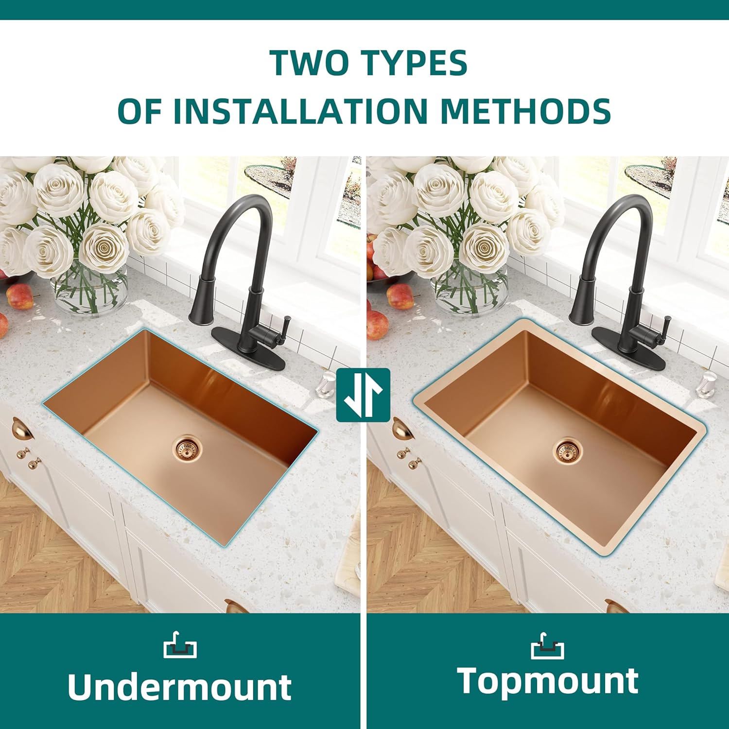 32 Inch Rose Gold Kitchen Sink, 32 x 19 Inch Undermount Kitchen Sink Single Bowl, 16 Gauge Stainless Steel Sinks with Strainer, 32" x 19" x 10"