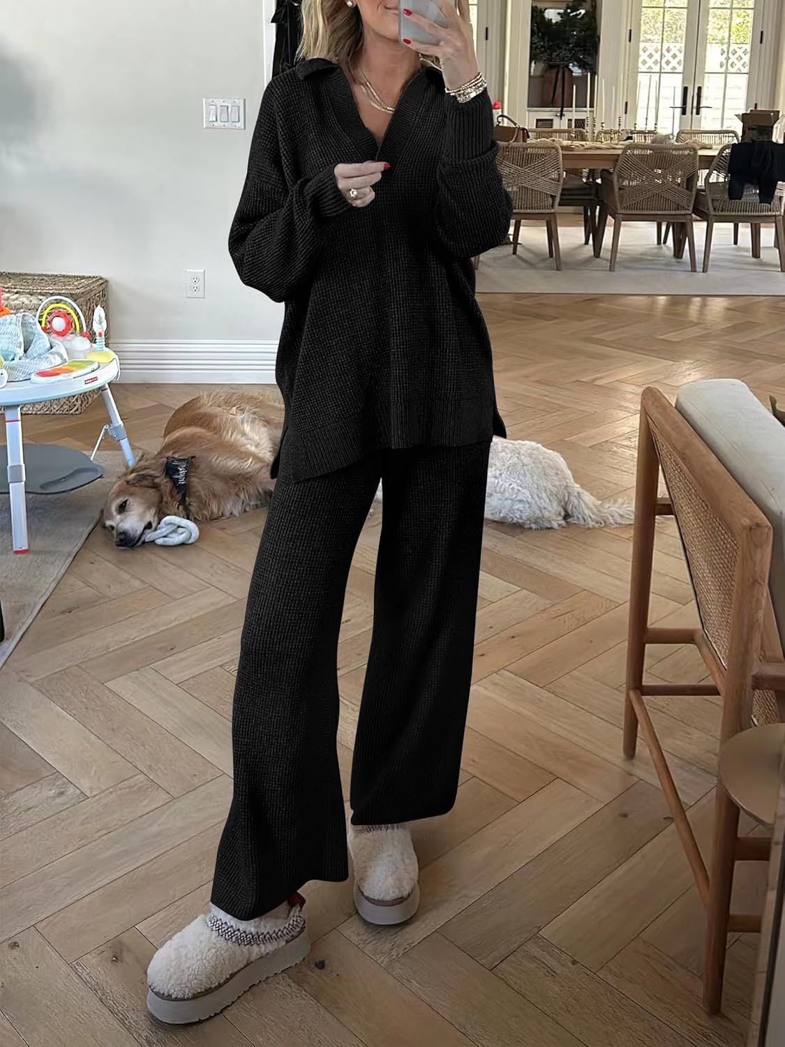 ANRABESS Women Two Piece Outfits Sweater Sets Lounge Waffle Knit Pullover Matching Wide Leg Pants Tracksuit 2025 Fall Fashion - Image 5