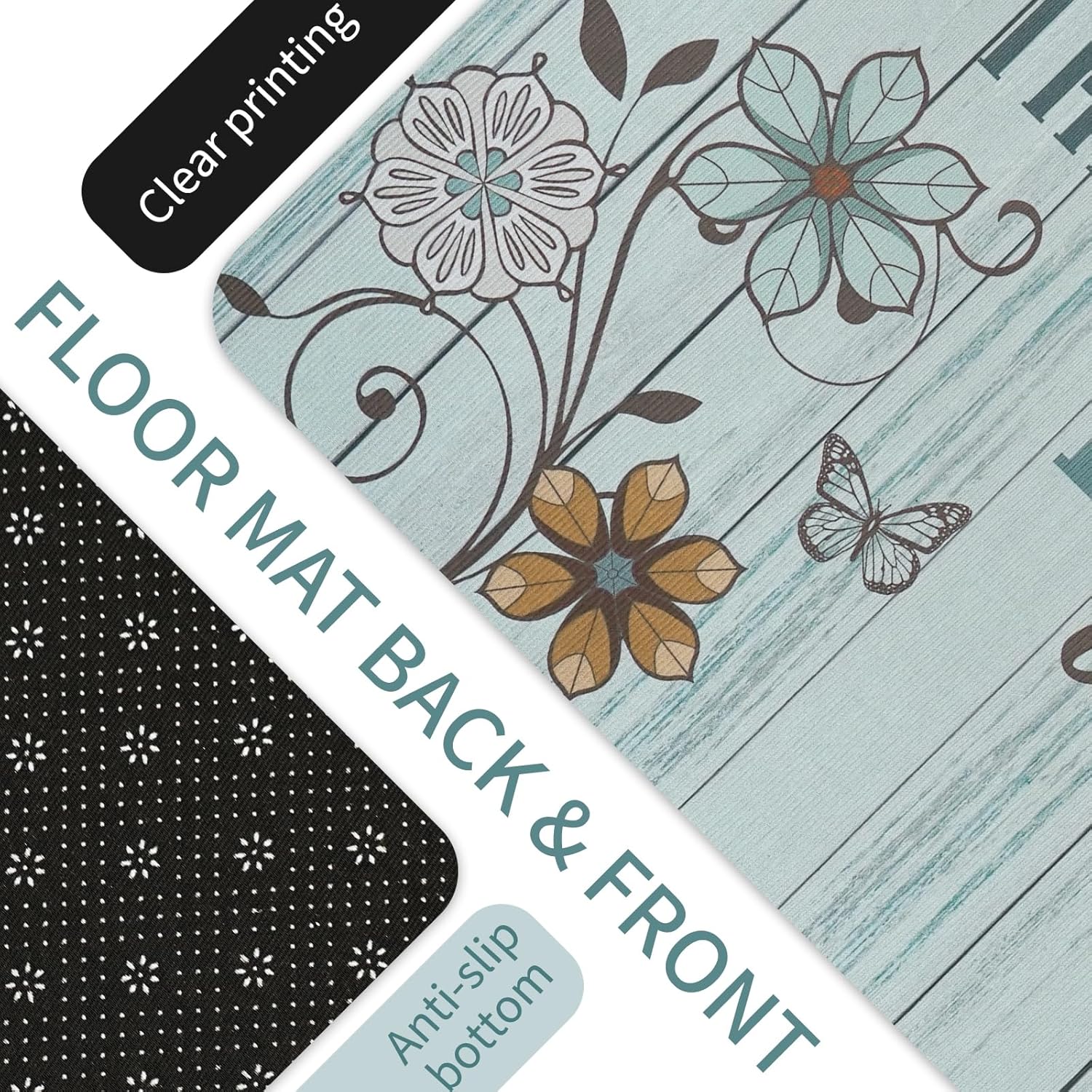 Farmhouse Rustic Kitchen Mats for Floor 2 Piece Set, Woodgrain Boho Floral Runner Area Rug Floor Mat, Abstract Flower Teal Turquoise Farmhouse Kitchen Decor and Accessories, 17x30 and 17x47 Inches