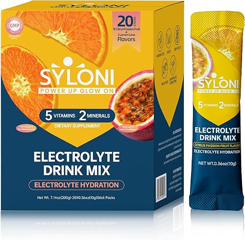 Paquetes de Electrolitos en Polvo, Cítricos Maracuyá (0.36 oz*20 Sobres), Paquetes de Hidratación Sin Azúcar, Mezcla de Bebida Electrolítica con 7