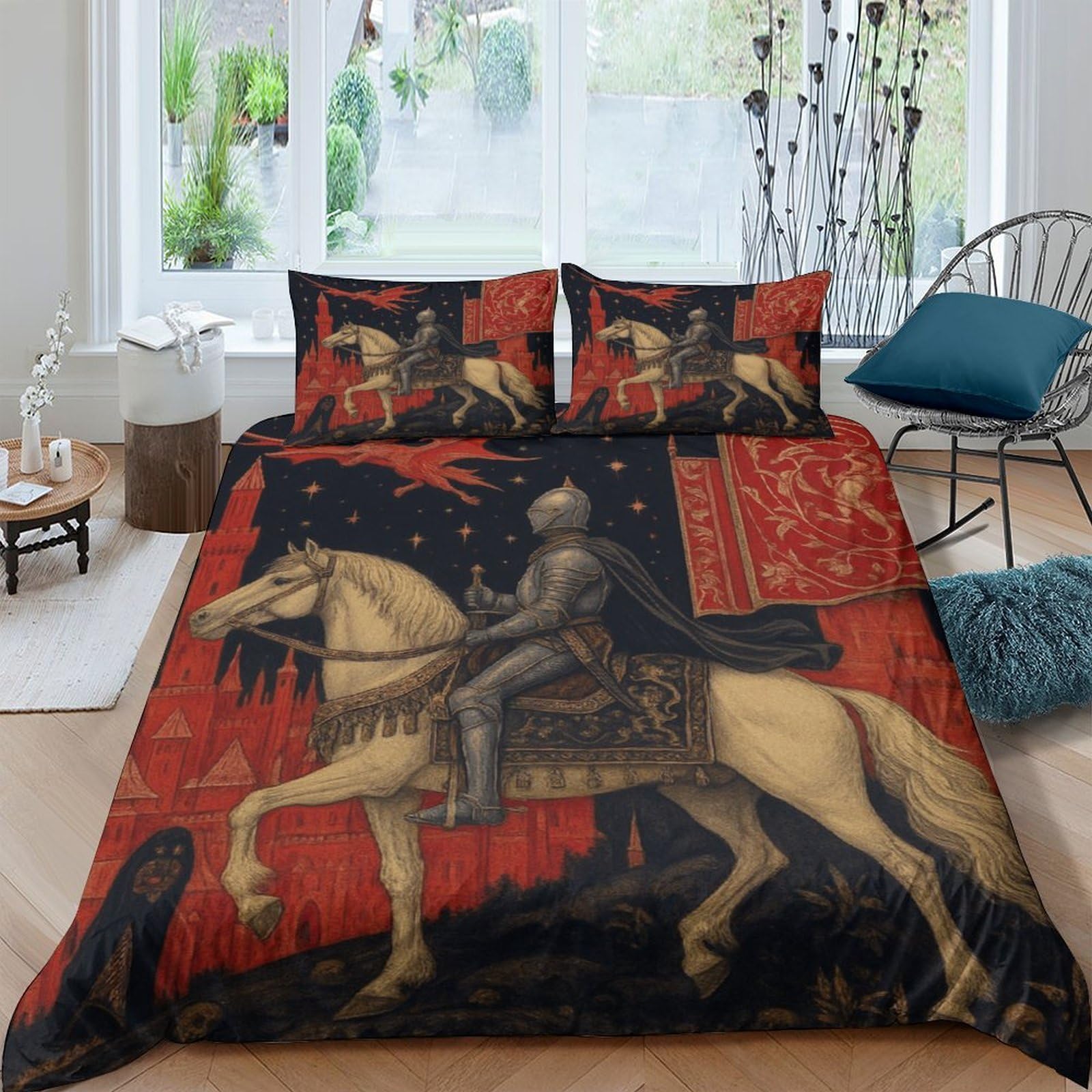 Ctjqhvkz Style-2 3D Printed Medieval Knight Fitted Sheet Microfiber Soft Breathable Horse Tapestry Bed Cover For Bedroom Dorm Decor Single（135X200cm）