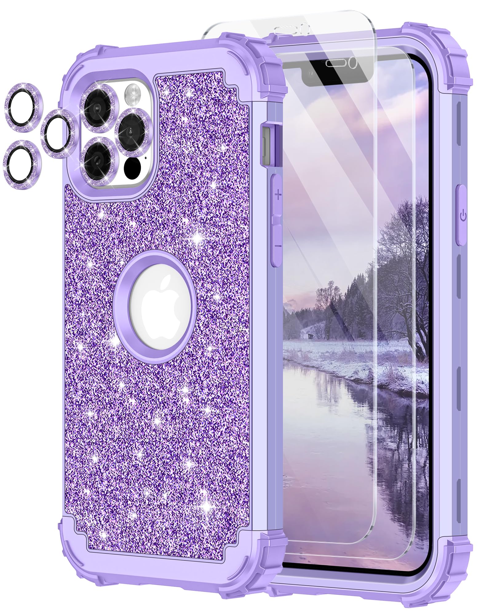 LONTECT for iPhone 12 Pro Max Case Glitter Sparkly Bling 3 in 1 Shockproof Heavy Duty Full Body Sturdy Protective Case for Apple iPhone 12 Pro Max with 2 Screen Protector+2 Camera Protector,Purple