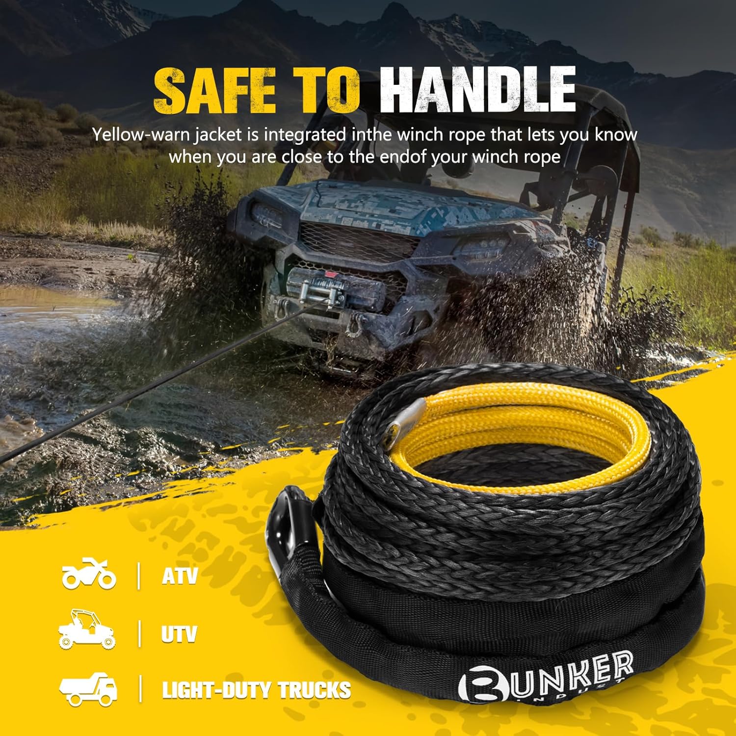 BUNKER INDUST 1/4" x 50' Synthetic Winch Rope,9500LBS ATV UTV Winch Cable with Protective Sleeve 50 FT Winch Line Replacement for 4500 to 6000LBS Winch, Black - Image 5