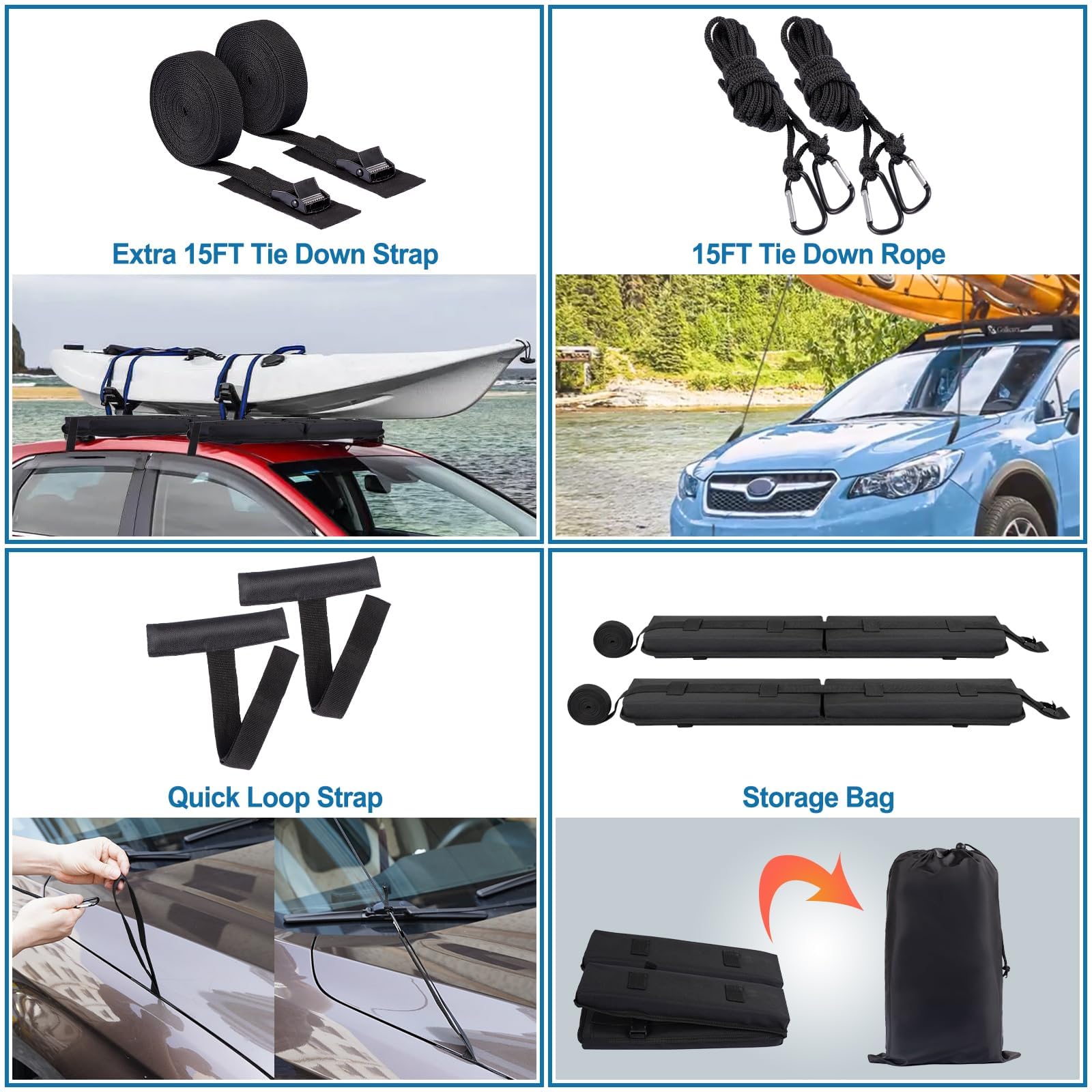 Almohadillas suaves para portaequipajes de techo, juego de portaequipajes universales para auto que incluyen 2 correas de sujeción, 2 cuerdas de sujeción, 2 correas de bucle rápido, 1 bolsa de