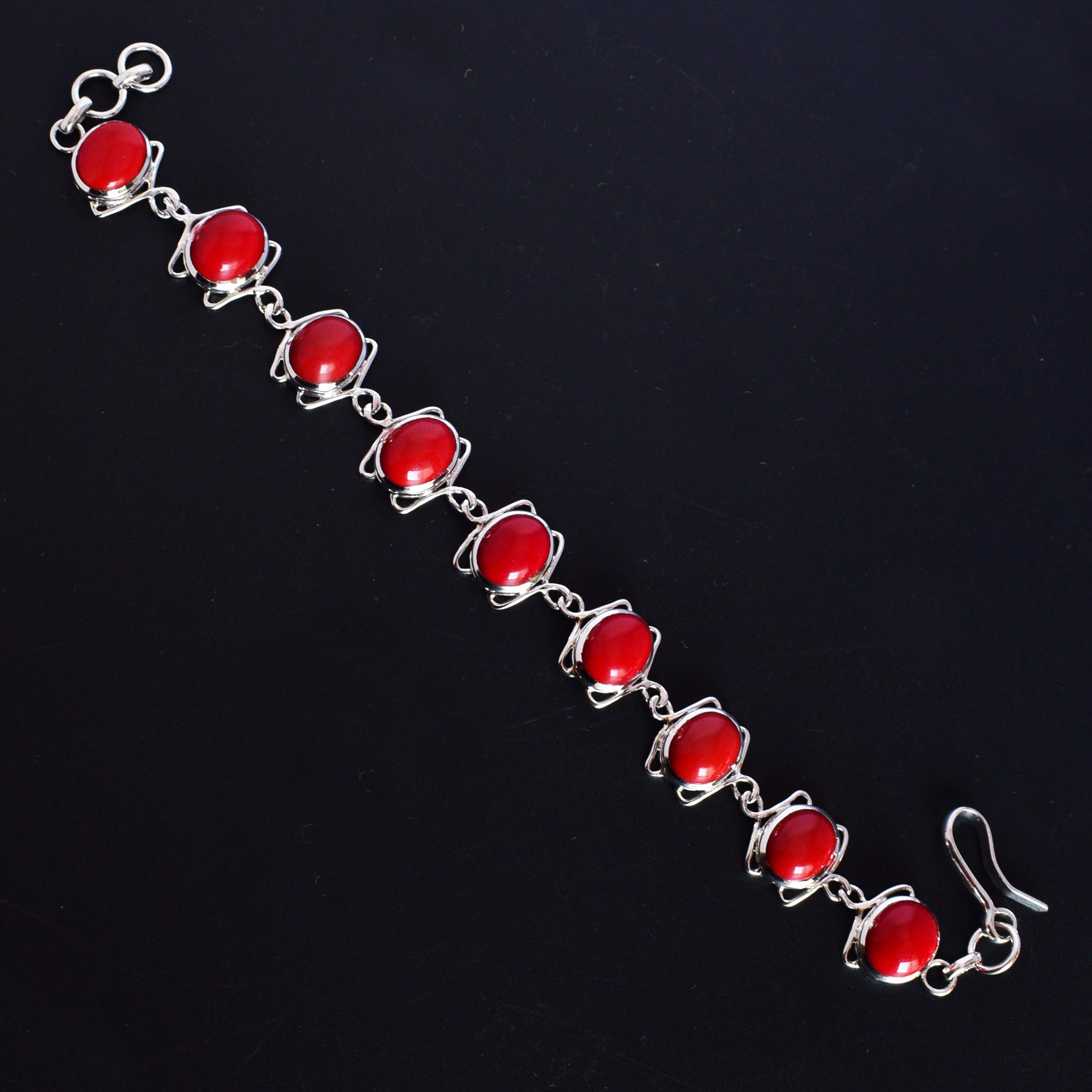 Pulsera de plata de ley 925 con piedra roja chapada en rodio blanco, ovalada de 8 x 10 mm, cierre de bisel de cabujón de piedras preciosas rojas, joyería para mujer