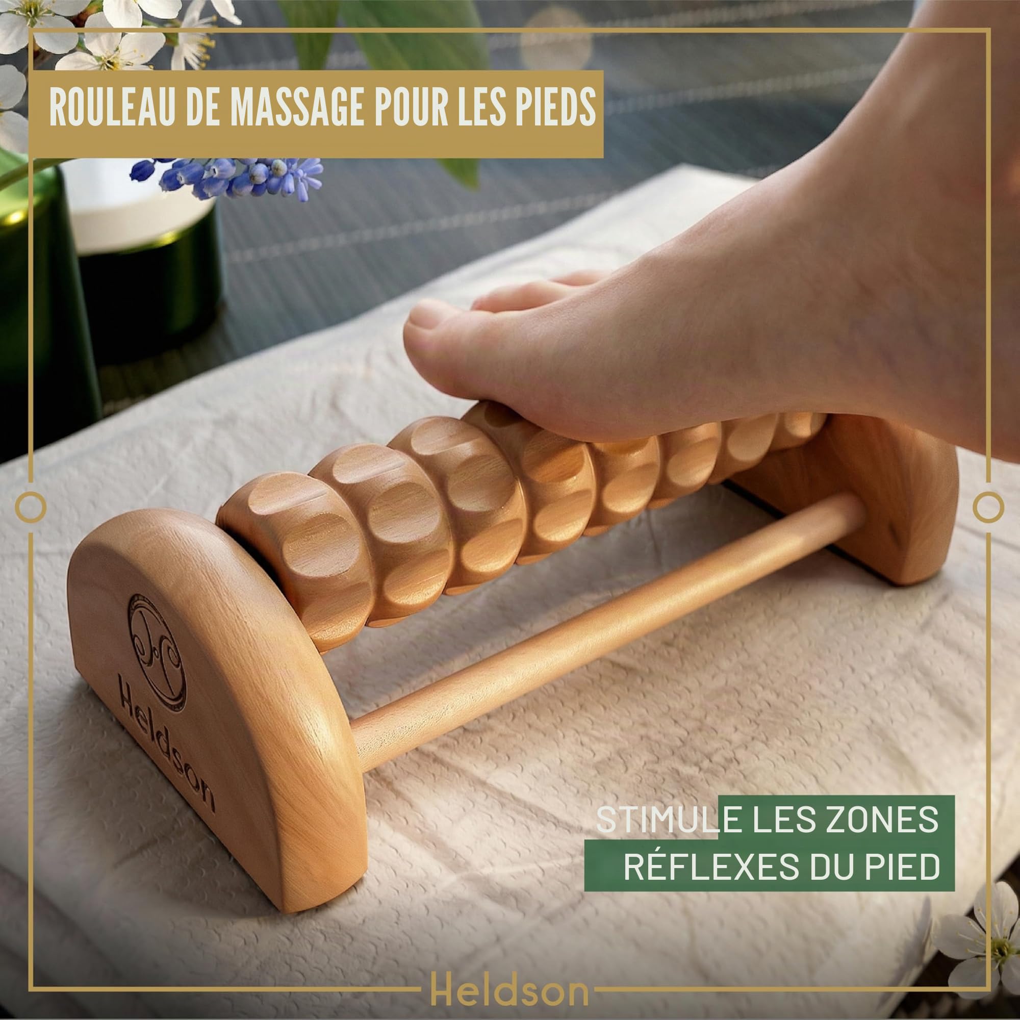 HELDSON® Kit de massage en bois de qualité supérieure [6 pièces] FSC® 100% – Outils pour massage des pieds et de la tête – Bouton de déclenchement