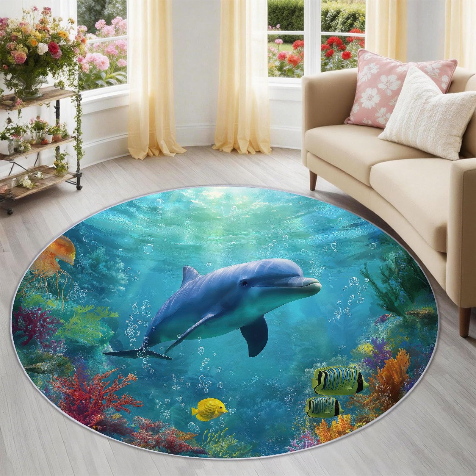 Tapis dauphins rond 100 cm bleu antidérapant et lavable