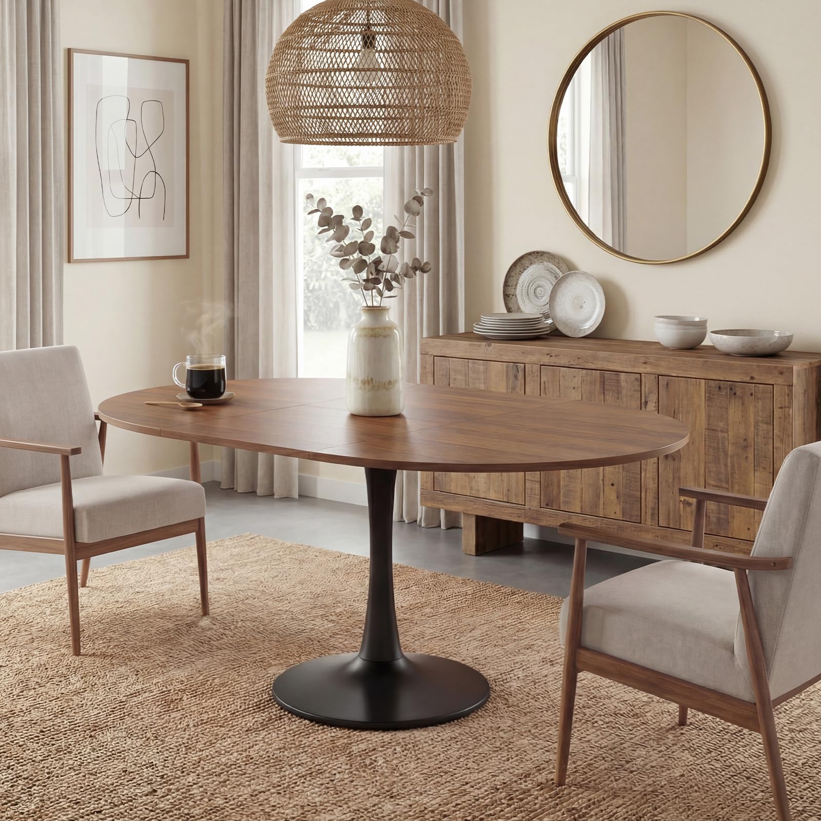 Aislinglen Runder Esstisch Ausziehbar, 100/140x100x75cm Elliptischer Esstisch Holztisch für 2-6 Personen, Kaffeetisch Tisch für Abendessen Wohnzimmer Esszimmer (Braune Schreibtisch + Schwarze Beine) Küche, Haushalt & Wohnen