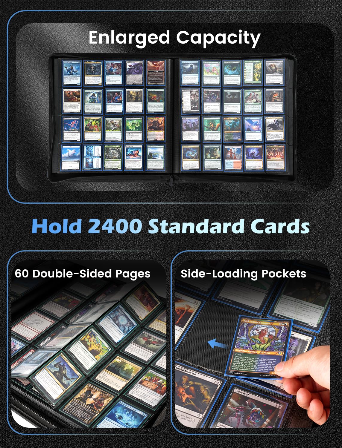 Raccoglitore per carte collezionabili da 20 tasche, compatibile con MTG, TCG | 60 tasche a caricamento laterale, senza anelli, per carte da baseball, basket, calcio e altre carte