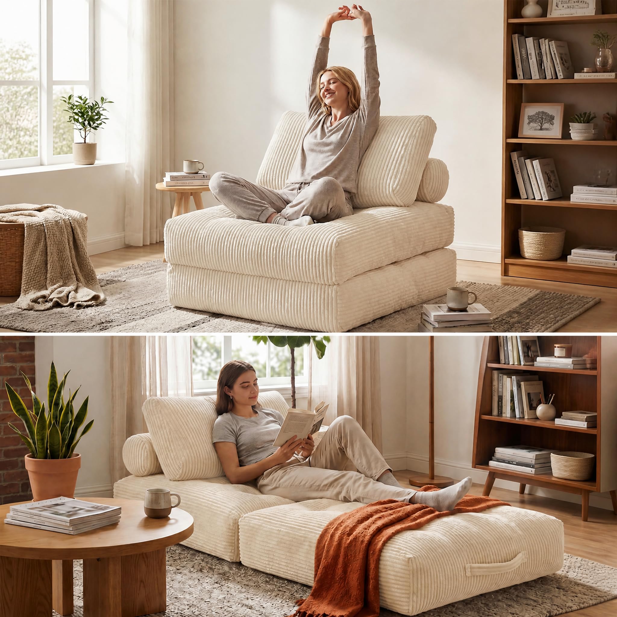 Faltbares Schlafsofa aus Hochflor mit Kopf-Lendenkissen, 192x96cm (Beige)