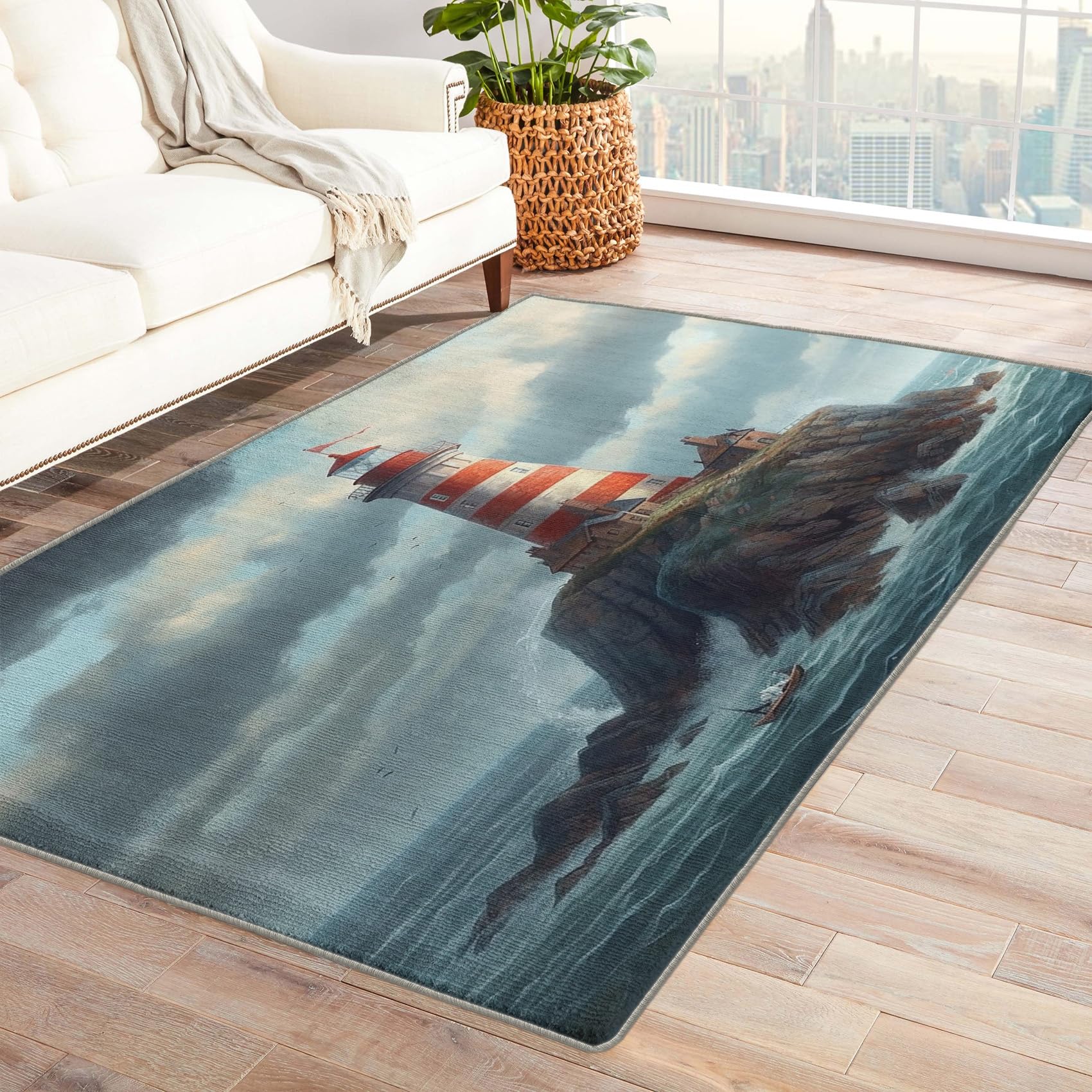 Lighthouse Rug & Home Decor - 5x8 Rug, Nautical Rugs for Living Room Bedroom, Maritime Carpet, Washable Non Slip Soft Low Pile Indoor Area Rug & Room