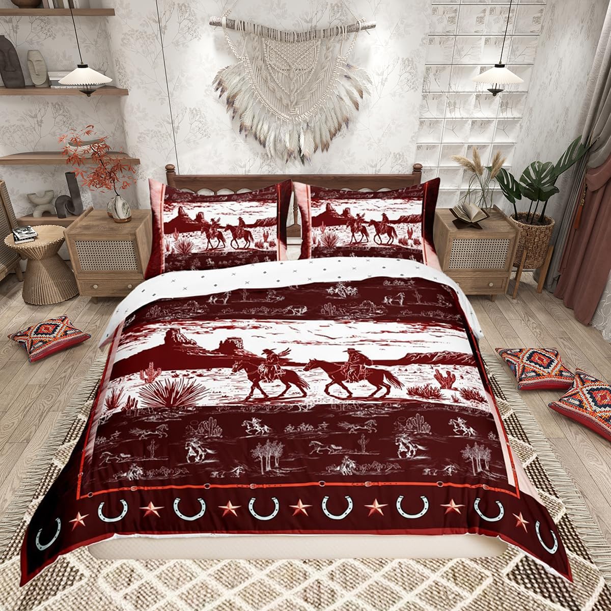 Loussiesd Red Brown Western Decor Duvet Cover Super King Size Wild West Cowboy Bedding Set Horse Desert Rodeo Cowboy Style Comforter Cover Set Decor Horseshoes West Texas Star Bedspread Cover