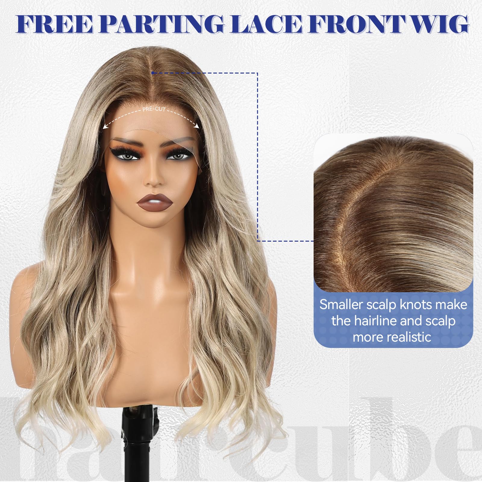 HAIRCUBE 13x6 HD Lace Front Perücke, 22 Zoll, synthetisches Ombré-Aschblond, lange Wellen, gestuft, kleberlos, für Damen, natürlicher Look, alltagstauglich