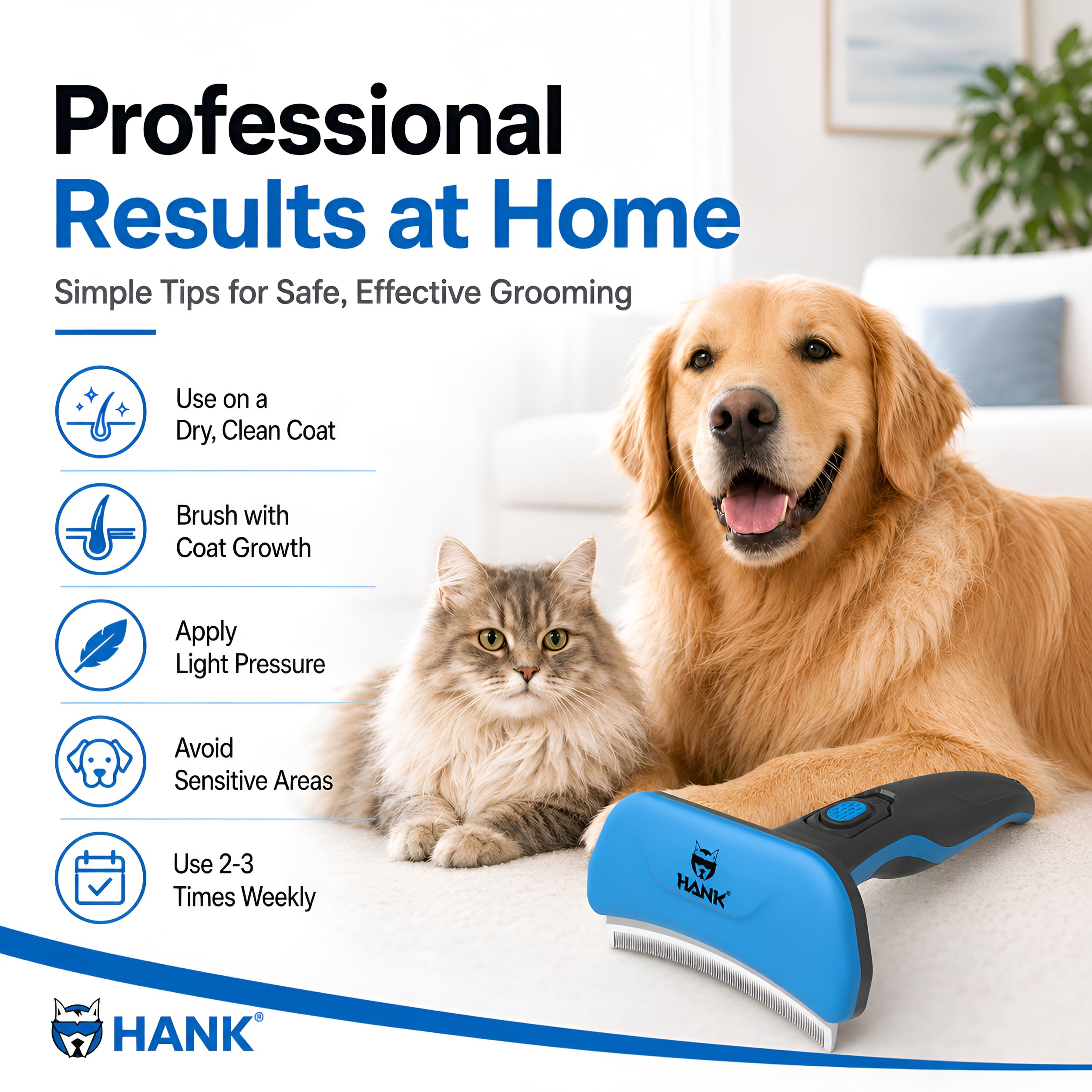 HANK Cepillo para perros – Hoja mejorada de 6 mm – Cepillo para perros para pelo corto, mediano y largo – Cepillo para gatos – Cepillo de aseo de mascotas – Reduce eficazmente el desprendimiento