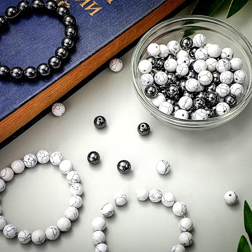 Miniatura 4 de 100 cuentas de howlita de 0.315 in y 100 cuentas de hematita natural para pulseras, fabricación de joyas, suministros de bricolaje