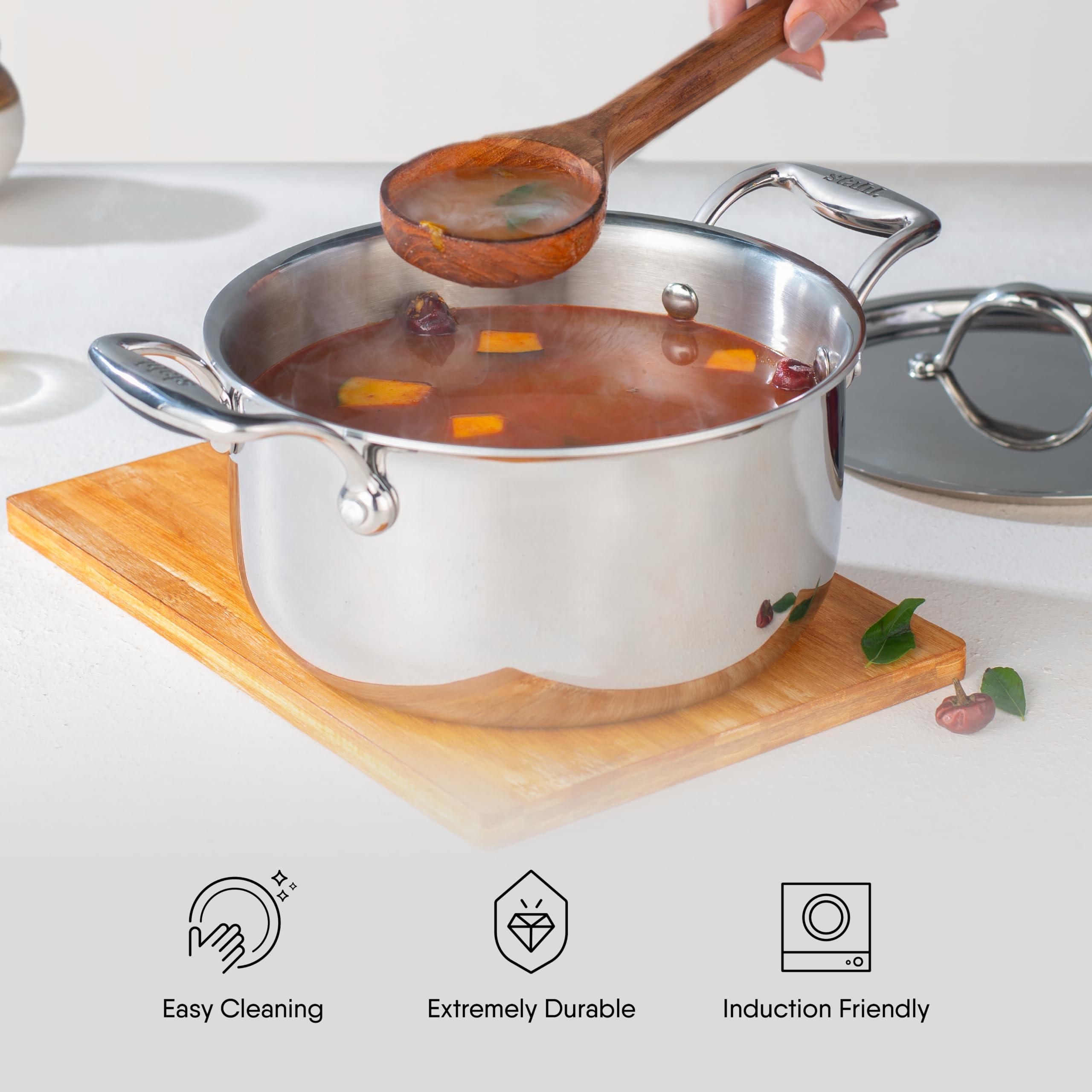 Stahl Triply Garnek do sosów ze stali nierdzewnej z pokrywką, garnek ze stali nierdzewnej, trzywarstwowy garnek Biryani z podstawą indukcyjną, Artisan 4124, średnica 24 cm, 5,1 l (dla 8 osób)