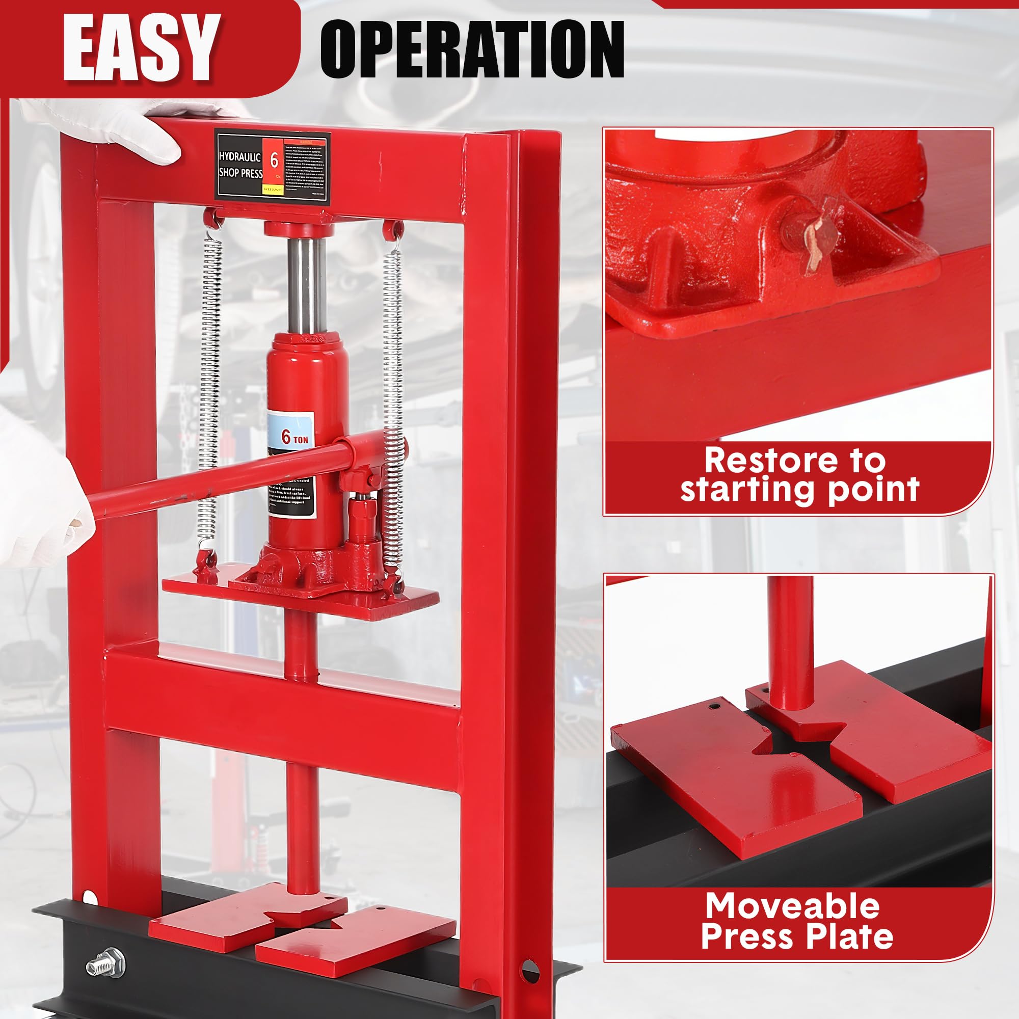 Pressa Idraulica da Officina 6T per Manutenzione Sistemi Frenanti Auto - Struttura H Pesante Regolabile - Piastre di Stampaggio Incluse - Ideale per Garage - Trave Nera, Struttura Rossa