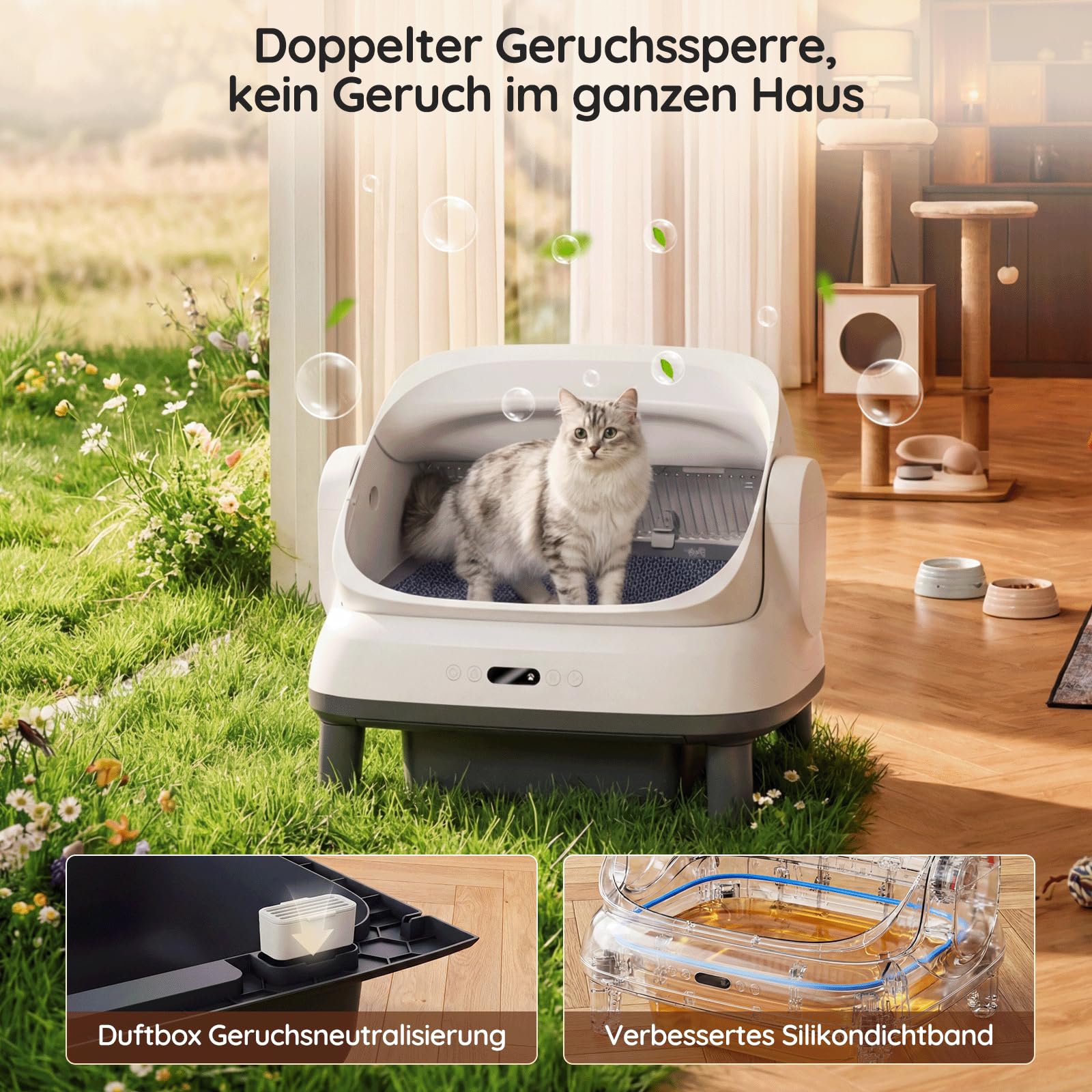 Selbstreinigende Katzentoilette 120L XXXL, Automatisches Katzenklo mit App-Steuerung & Geruchsbeseitigung, Elektrisches Katzenklo mit 8-fachem Schutz, Ideal für große Katzen & Mehrkatzenhaushalte