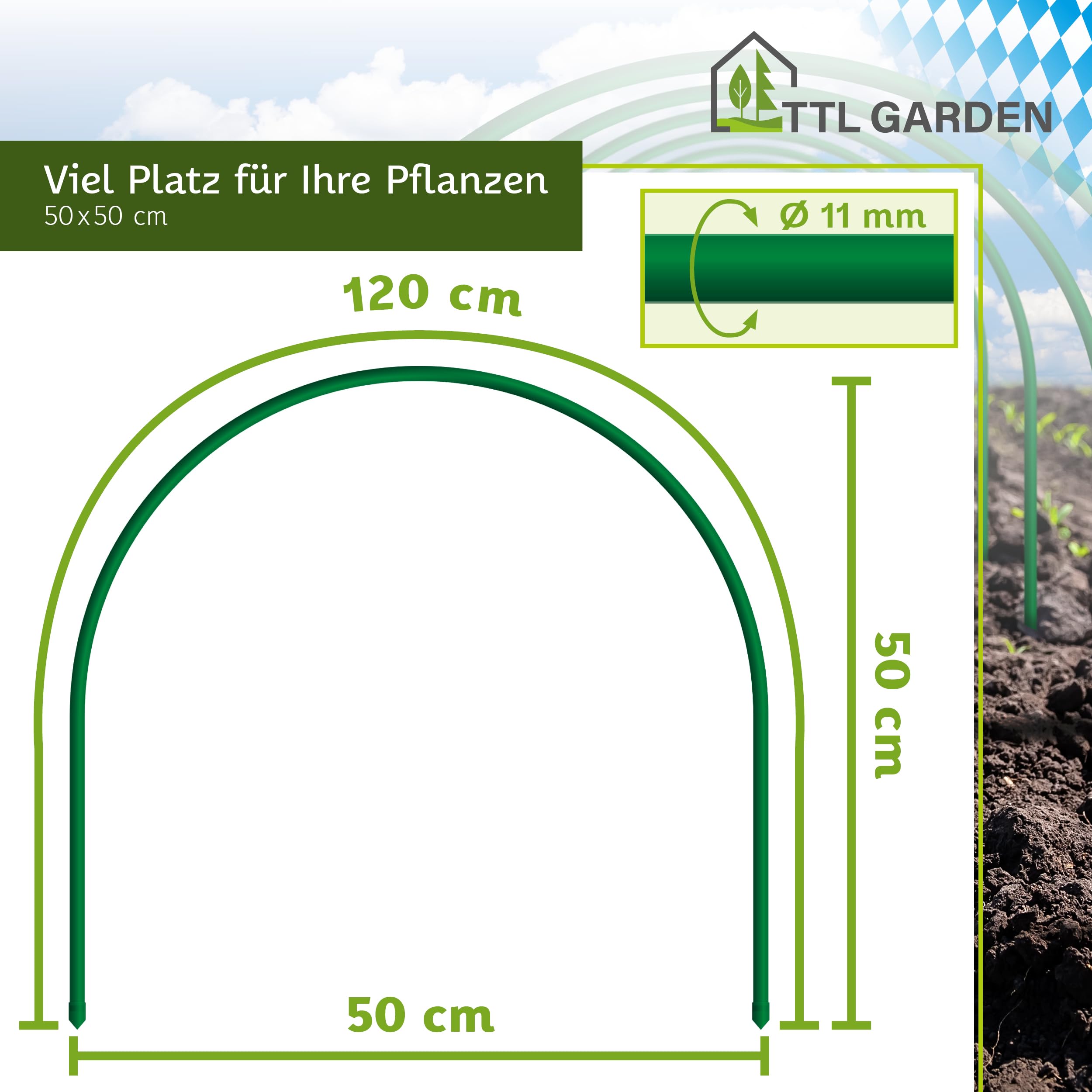 TTL GARDEN Lot de 12 arches de tunnel - 50 x 48 cm - 50 cm de large - En acier revêtu - Arc rond pour recouvrement de plate-bande surélevée - Parterre de légumes, stables, durables et inoxydables