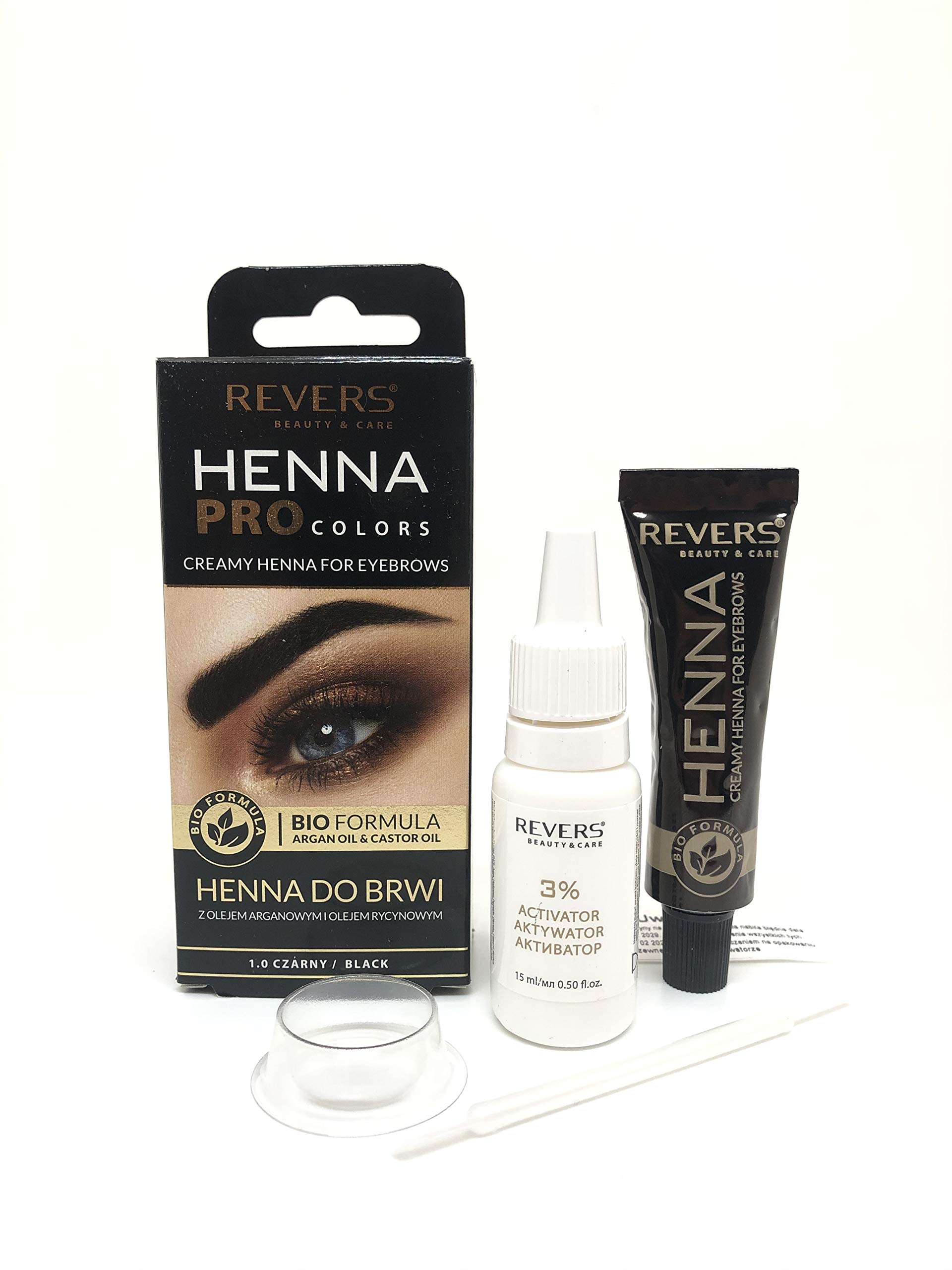 Tinte Permanente profesional para cejas, 15 ml Henna KIT efecto 2 semanas 8 veces aplicacíon, con aceites de argán & Castle (Negro)