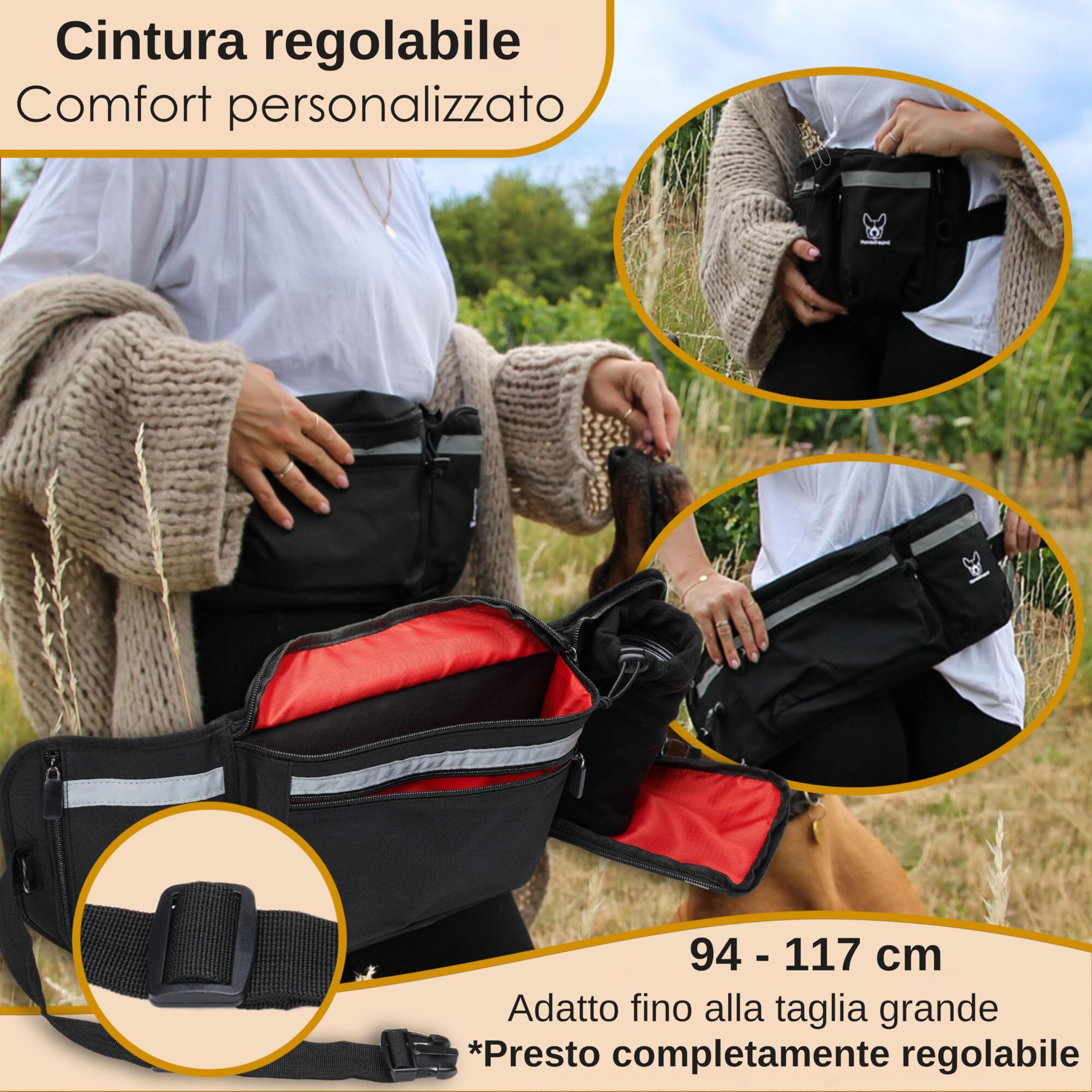 Hundefreund Borsa PortaSnack per Cani XXL - Tasca Ultra-Grande Riflettente con Cintura - Sacchetto di 58 cm per Passeggiate e Addestramento Canino