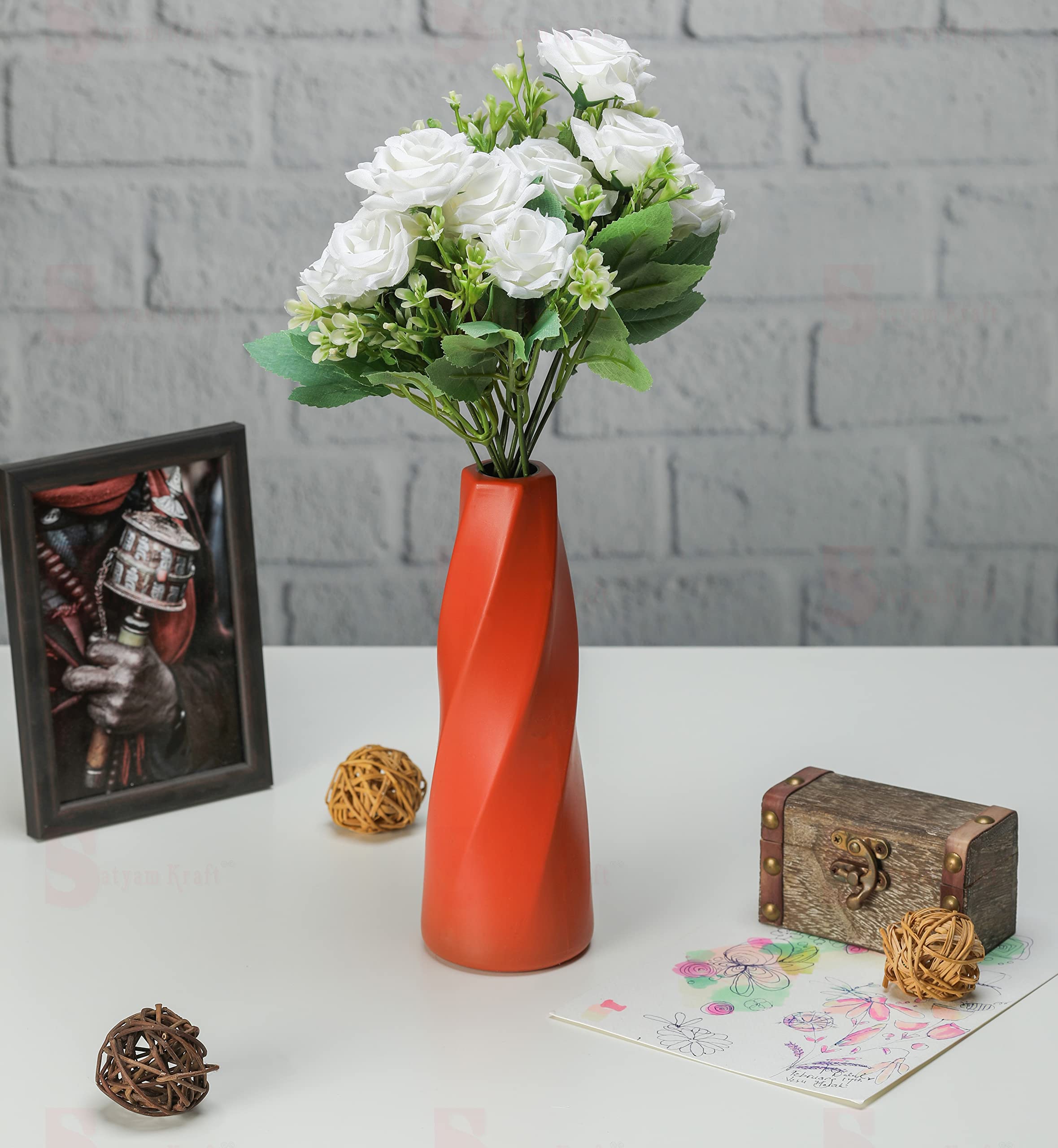 SATYAM KRAFT 1 Pcs Vase for Home Decor, Living Room, Office, Bedroom, Centre Table, Balcony,Ceramic Look Unbreakable Showpiece Nordic Design for Decorations (Red, Only vase) Small Size -21 cm