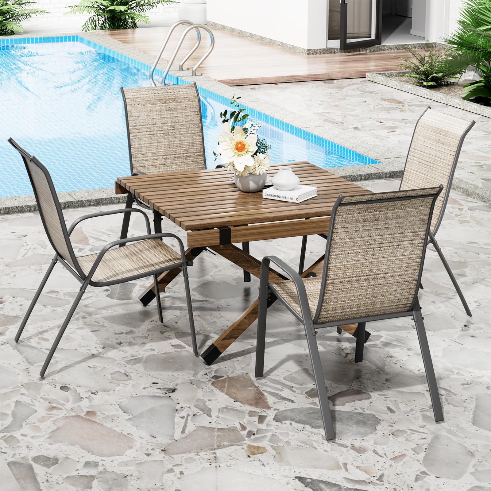 LIFERUN Sillas de jardín apilables para Camping, con Respaldo Alto, Estructura de Acero textileno, para Jardines, Patios, Balcones, restaurantes, 150 kg, soporta 54 x 69 x 93 cm (4, Lino marrón)