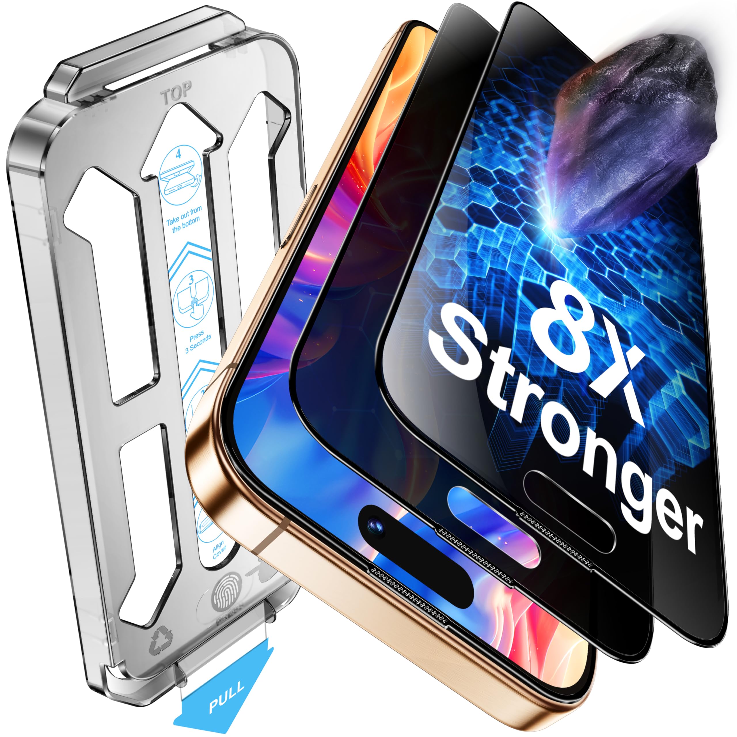 Tentoki Protector Pantalla Privacidad Para iPhone 16 Pro Max | 25°Antiespía, Refuerzo Secundario, 2 Piezas Cristal Templado de 8 veces más Fuerte, Dureza 9H, Sin Burbujas, 6,9 Pulgadas Global Recycled Standard Global Recycled Standard Global Recycled Standard