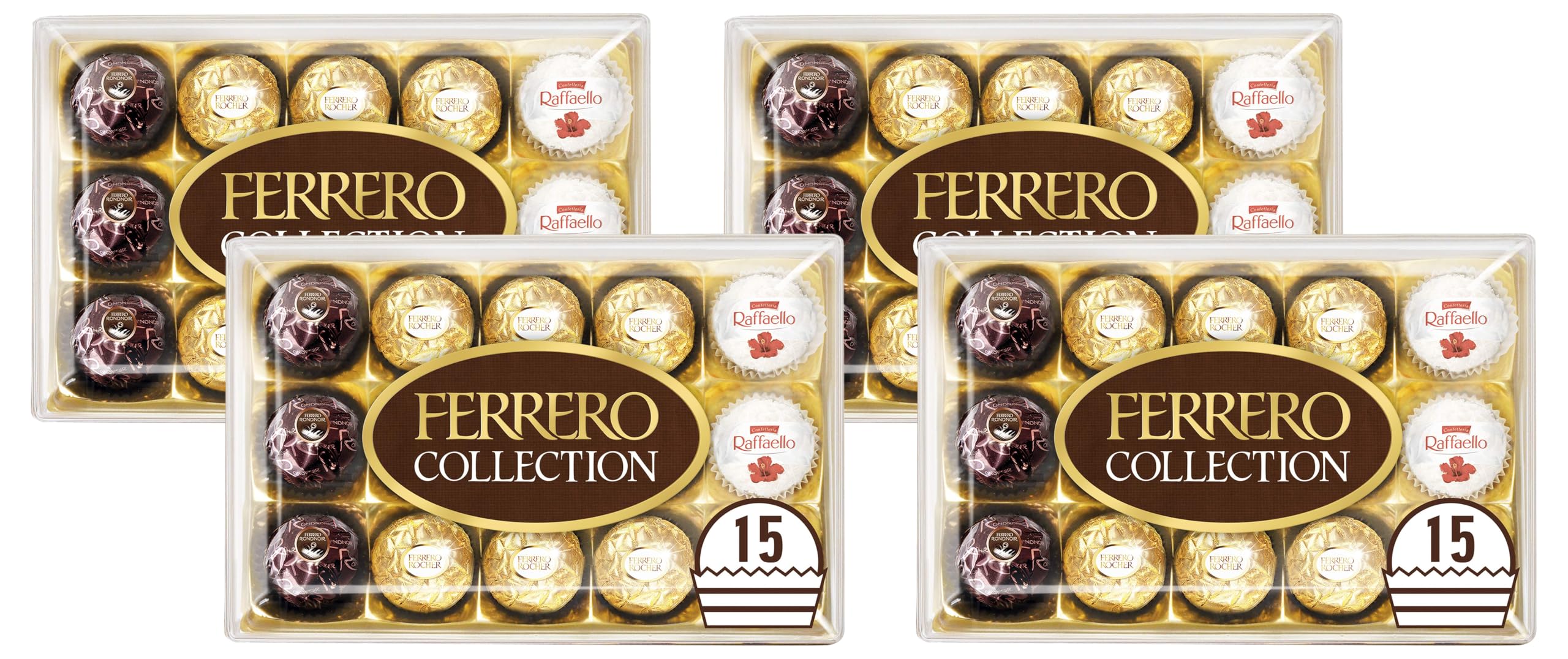 Collection Pralines, Chocolate Gift Box, Treat Box, Assorted Rocher, Coconut Raffaello and Dark Chocolate Rondnoir, Box of 15 (172g) (Pack of 4)