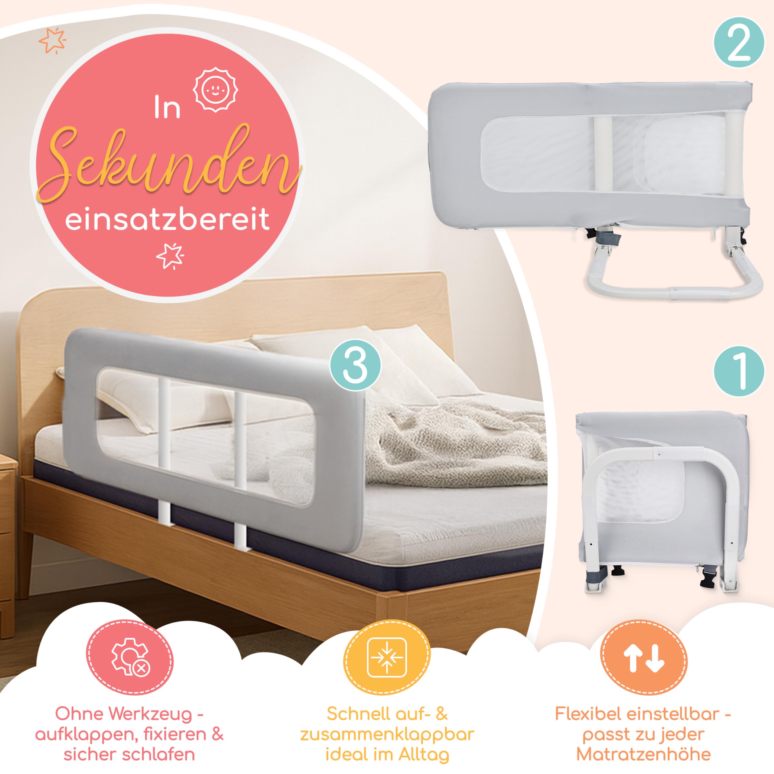 zoula kidz® faltbares Bettgitter als Rausfallschutz Bett Reise - Klappbar & Höhenverstellbar - Bettschutzgitter für Boxspringbett, Elternbett, Kinderbett - Mit Tasche & Gurt - ultrakompaktes Packmaß