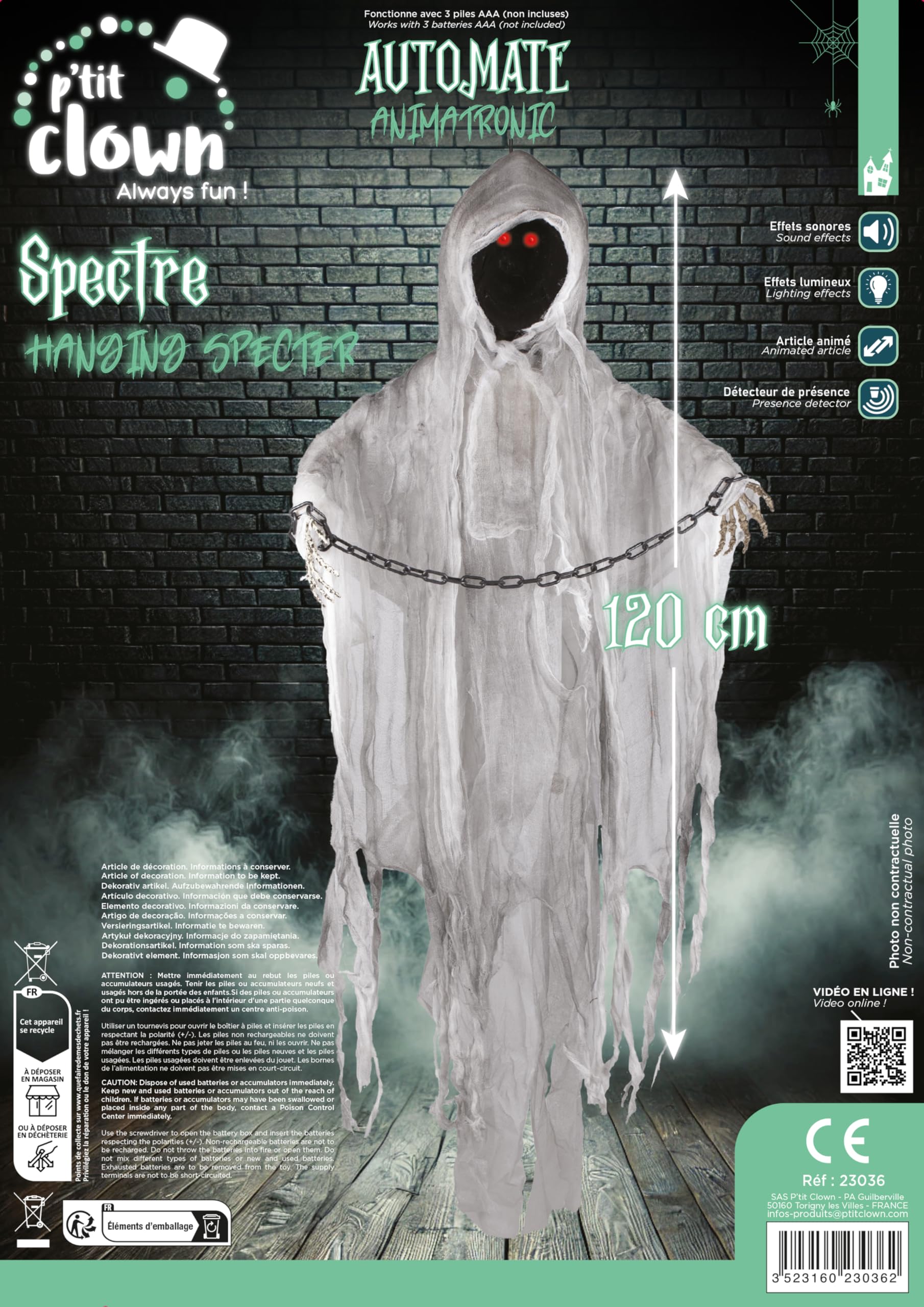 P'tit Clown Spectre – Colgante – Animado, Sonido, Luminoso – 120 cm