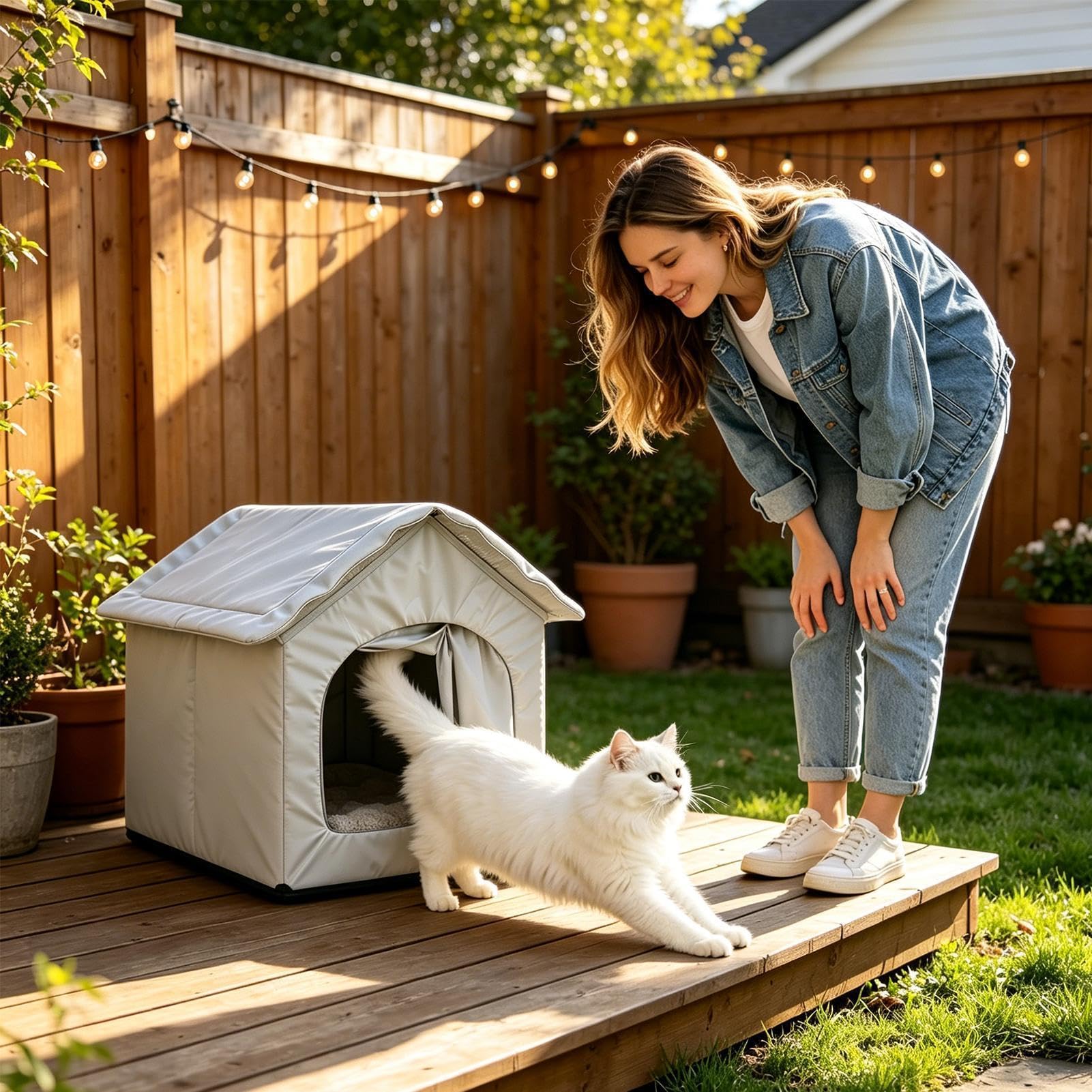 Casetta per gatti rinfrescante all'aperto con impacchi di ghiaccio isolata