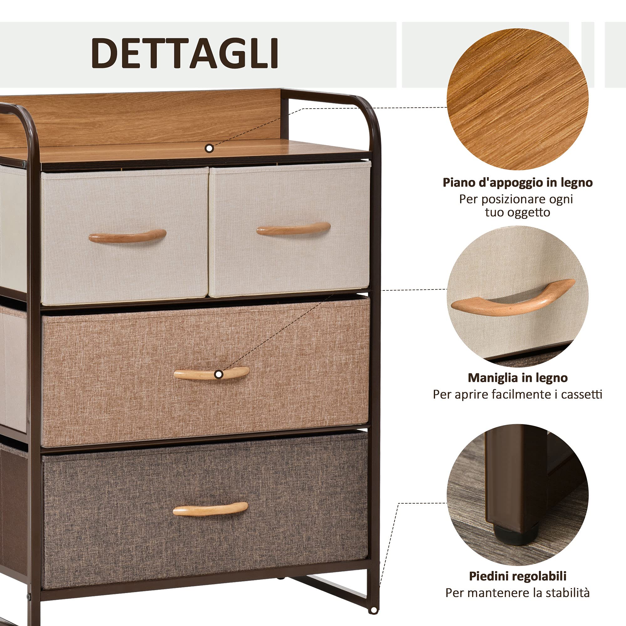 HOMCOM Mobile Cassettiera da Camera da Letto e Soggiorno, Cassettiera con 4 Cassetti Pieghevoli in Tessuto e Ripiano in MDF, 58x29x78.5cm, Multicolore