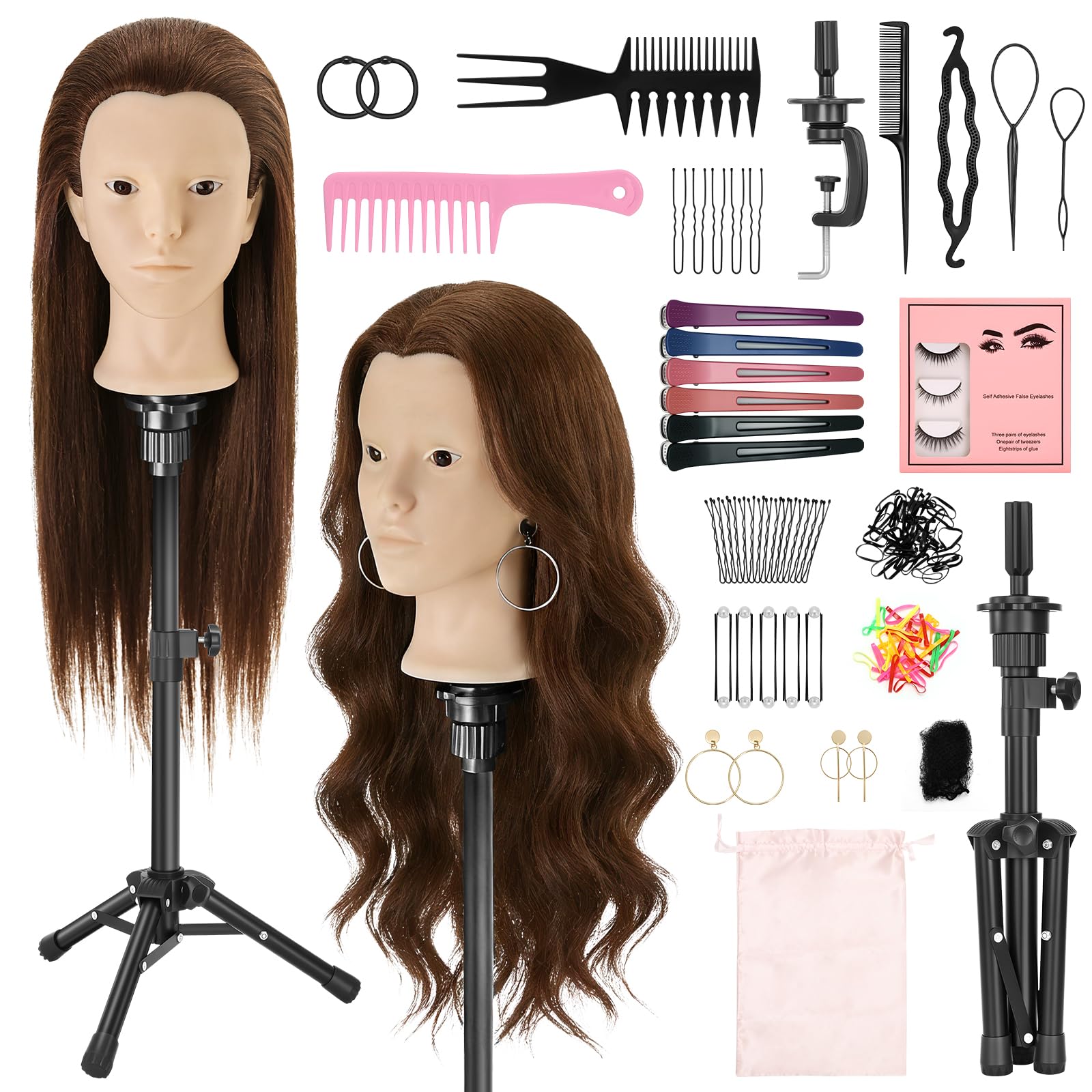 Übungskopf aus 80 % Echthaar, 58,4 cm, Frisierkopf mit Perückenständer, Stativ und Make-up-Funktion und DIY-Haarstyling-Flechtwerkzeugen