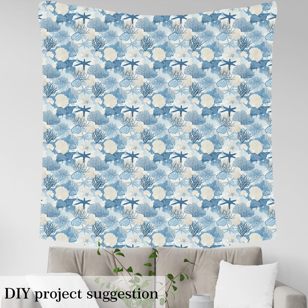 Ocean Starfish Fabric by The Yard, Beach Shell Coral Sealife Upholstery Fabric for Chairs, Marine Sea Creatures Decor Fabric for DIY Indoor Outdoor Projects, 5 Yards, Turquoise Navy Blue