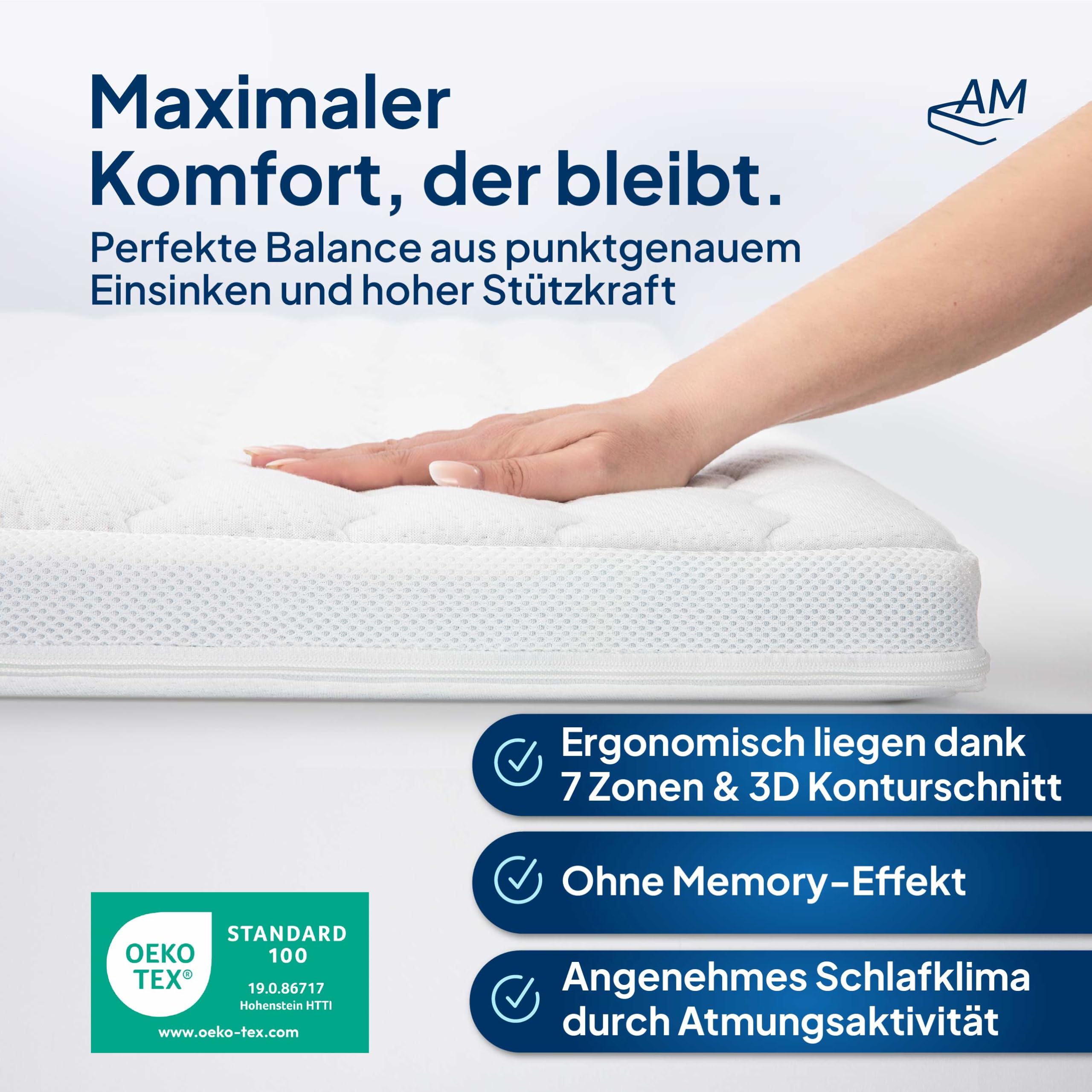 AM Qualitätsmatratzen 3D Deluxe 7 Zonen Kaltschaum Topper 180x200cm RG50 - Made in Germany - Atmungsaktiver Topper 180x200-8cm - Matratzenauflage 180x200 mit Lyocell Bezug und Anti-Rutsch Funktion
