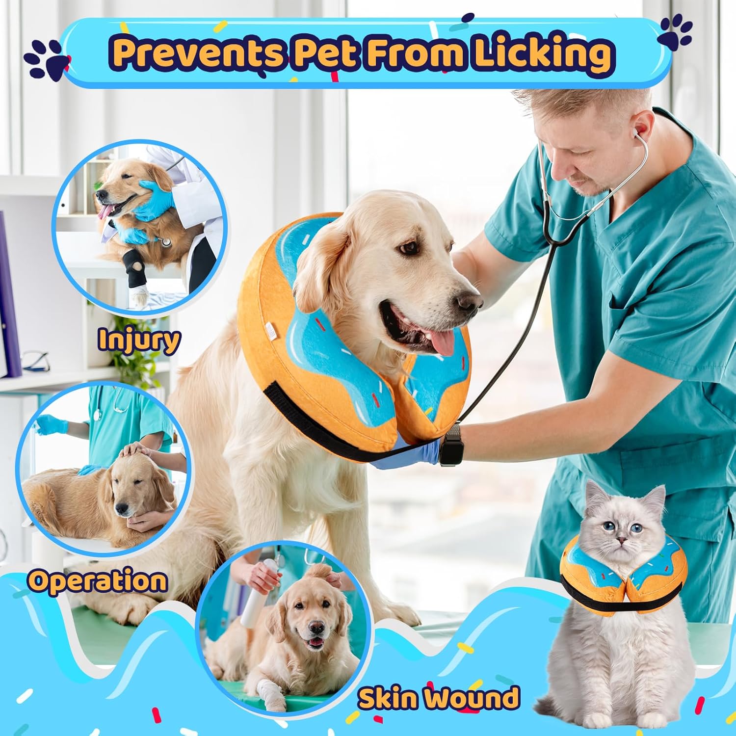 grand line donut inflatable collar for dogs and cats, soft recovery dog cone after surgery, protective pet neck cone for small, medium, large dogs, not block vision (blue, m-plus) blue donut m plus (neck:10"-14")