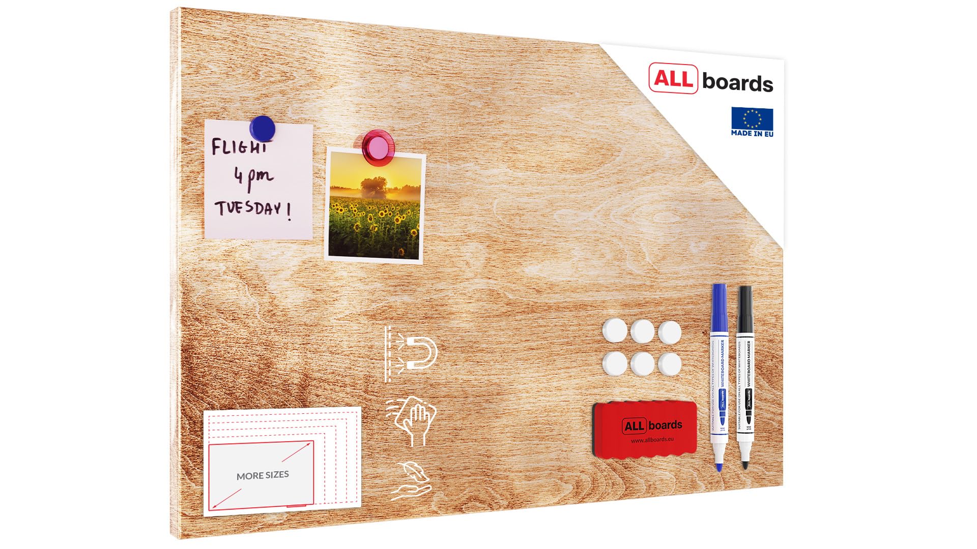 ALLboards Magnetic METALboards, Solid Wood 60×40 cm + a Set of Accessories Included