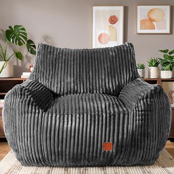 Giant Bean Bag Chair, Oversized Bean Bag Couch for Adults | Fluffy Corduroy BeanBag with Armrests for Napping, Gaming, Vacuum-Compressed for Easy Gifting, 48h to Expand, Dark Gray