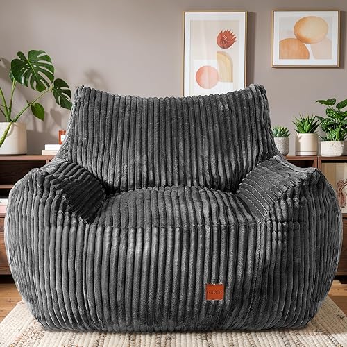Giant Bean Bag Chair, Oversized Bean Bag Couch for Adults, Fluffy Corduroy BeanBag with Armrests for Living Room, Bedroom, Dorm Vacuum-Compressed for Easy Gifting, 48h to Expand, Dark Gray