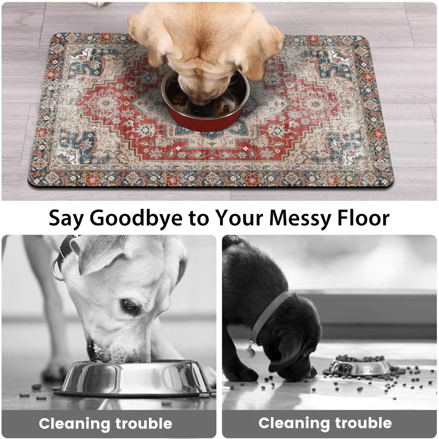 QXWREL Dog Food Mat for Floors Absorbent Pet Cat Food Bowl Mat, 12x20 in, Bohemia 6, 50.8L x 50.8W cm - Image 3