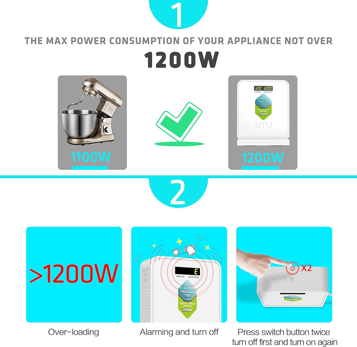 TOP оƒƒERS UMI Step UP 110 to 220 Voltage Converter 1200W for Euro and China Appliance Used in US with toroidal Transformer Inside, Safety