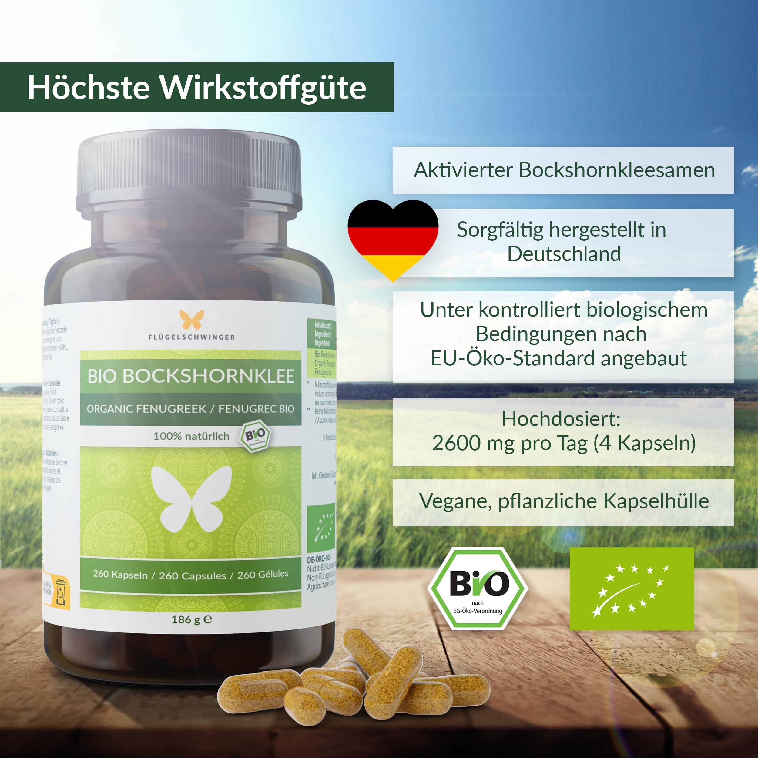 260 BIO Bockshornklee Kapseln, aktiviert, hochdosiert, in Deutschland hergestellt, zertifizierte Bio-Qualität, 100% natürlich, 2600 mg pro Tagesdosierung, vegan (260 Tabletten)